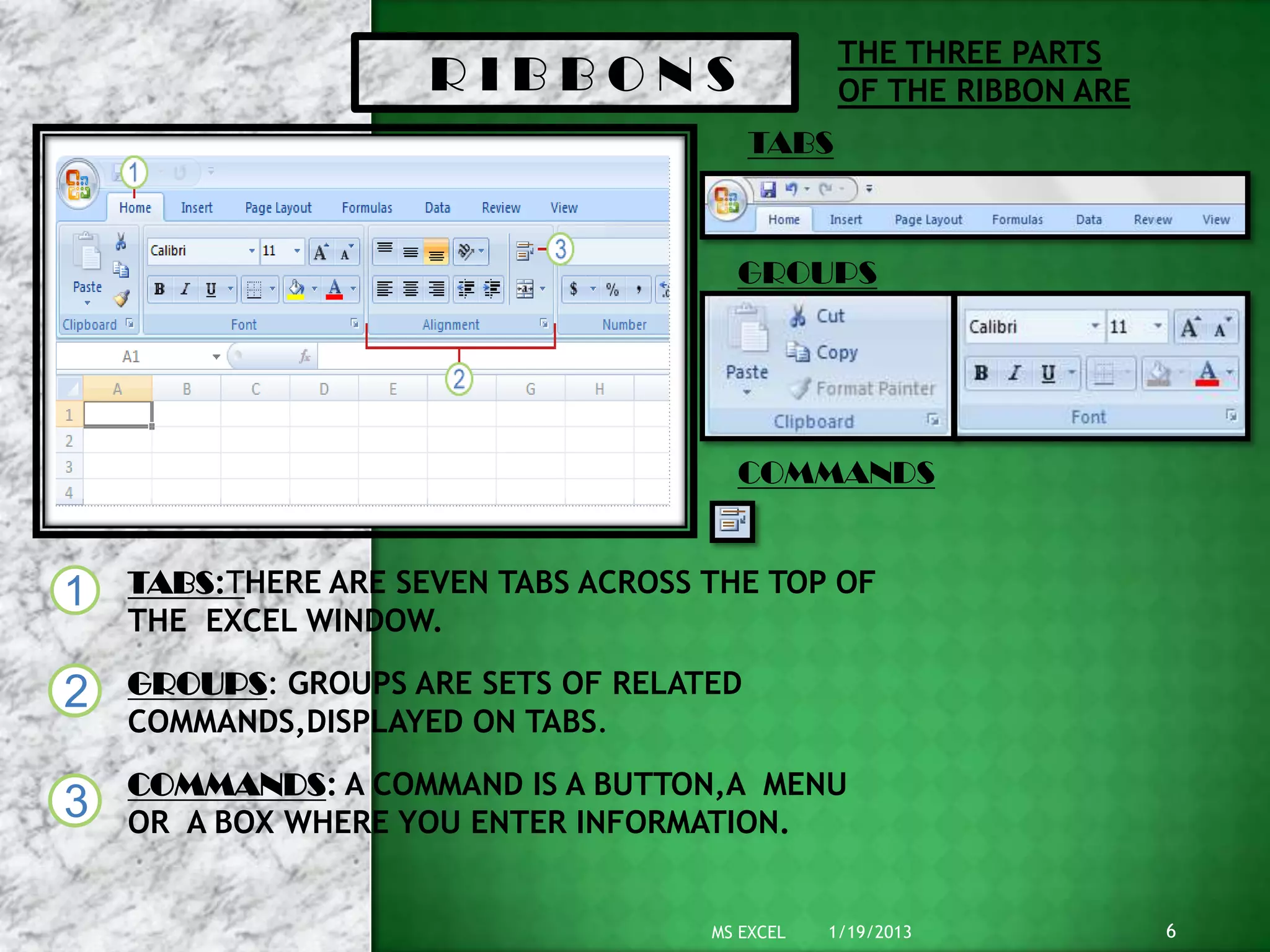 TABS:THERE ARE SEVEN TABS ACROSS THE TOP OF
THE EXCEL WINDOW.
GROUPS: GROUPS ARE SETS OF RELATED
COMMANDS,DISPLAYED ON TABS.
COMMANDS: A COMMAND IS A BUTTON,A MENU
OR A BOX WHERE YOU ENTER INFORMATION.
1
2
3
THE THREE PARTS
OF THE RIBBON ARER I B B O N S
TABS
GROUPS
COMMANDS
1/19/2013 6MS EXCEL
 