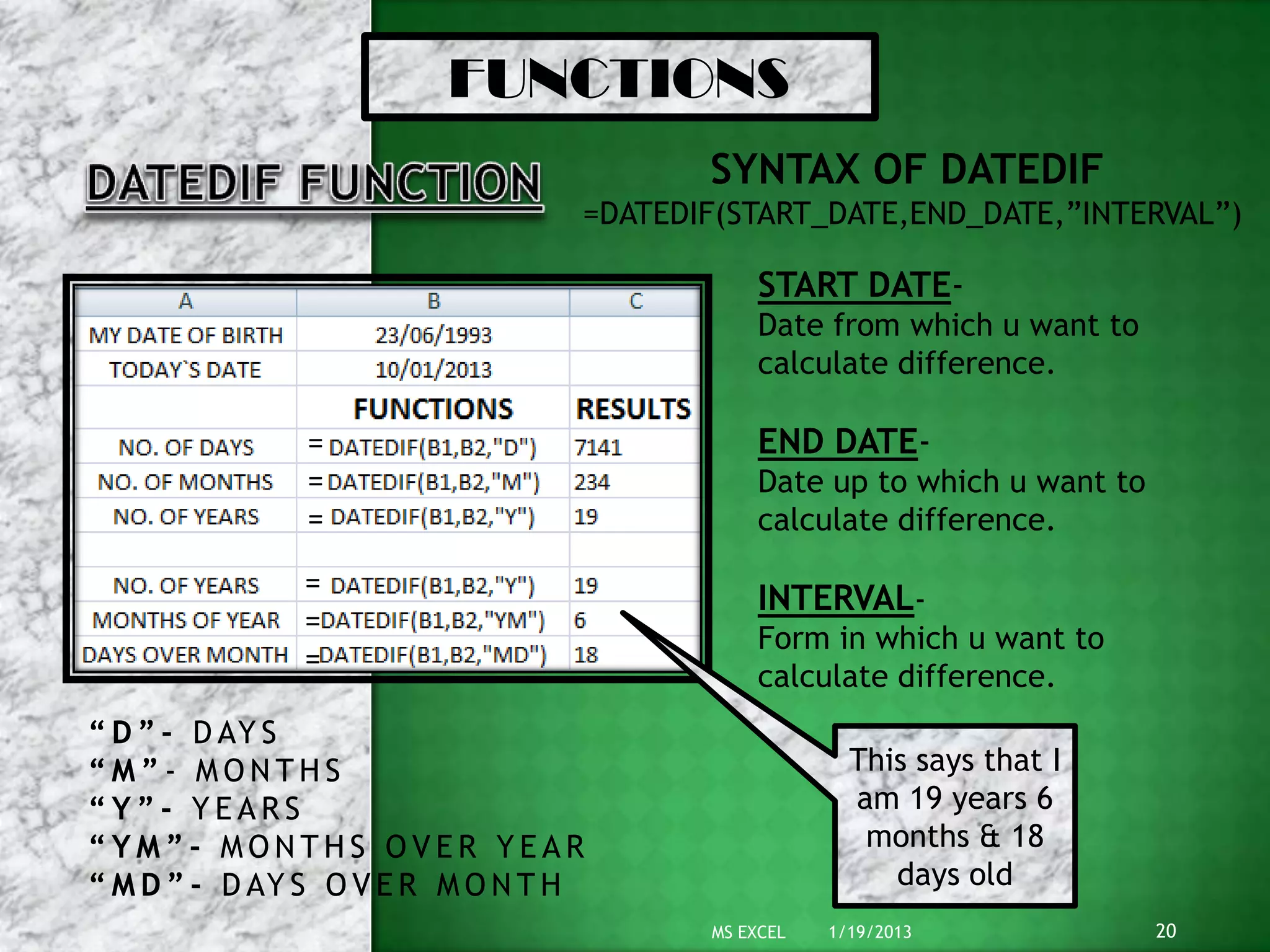 FUNCTIONS
                                        SYNTAX OF DATEDIF
                                 =DATEDIF(START_DATE,END_DATE,”INTERVAL”)

                                            START DATE-
                                            Date from which u want to
                                            calculate difference.

               =                            END DATE-
               =                            Date up to which u want to
               =                            calculate difference.
              =
                                            INTERVAL-
              =
                                            Form in which u want to
              =
                                            calculate difference.
“ D ” - D AY S
“M”- MONTHS                                          This says that I
“Y”- YEARS                                           am 19 years 6
“YM”- MONTHS OVER YEAR                                months & 18
“ M D ” - D AY S O V E R M O N T H                      days old
                                        MS EXCEL   1/19/2013             20
 