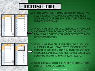 EDITING- FILL
   IN THE LOWER RIGHT HAND CORNER OF THE ACTIVE
    CELL IS EXCEL’S “FILL HANDLE”.WHEN YOU HOLD
    YOUR MOUSE OVER THE TOP OF IT, YOUR CURSOR WILL
    TURN TO A CROSSHAIR.


   IF YOU HAVE JUST ONE CELL SELECTED, IF YOU CLICK
    AND DRAG TO FILL DOWN A COLUMN OR ACROSS A
    ROW, IT WILL COPY THAT NUMBER OR TEXT TO EACH
    OF THE OTHER CELLS.


   IF YOU HAVE TWO CELLS SELECTED, EXCEL WILL FILL
    IN A SERIES. IT WILL COMPLETE THE PATTERN.FOR
    EXAMPLE,IF YOU PUT 4 AND 8 IN TWO CELLS SELECT
    THEM,CLICK AND DRAG THE FILL HANDLE ,EXCEL WILL
    CONTINUE THE PATTERN WITH 12,16,20.ETC.


   EXCEL CAN ALSO AUTO- FILL SERIES OF DATES, TIMES,
    DAYS OF THE WEEK, MONTHS.
                     MS EXCEL   1/19/2013        15
 
