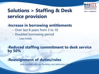 Solutions > Staffing & Desk 
service provision 
•Increase in borrowing entitlements 
• Over last 8 years from 3 to 10 
• Doubled borrowing period 
• Less holds 
•Reduced staffing commitment to desk service 
by 50% 
•Reassignment of duties/roles 
•Not possible with out flexibility and dedication of staff 
 