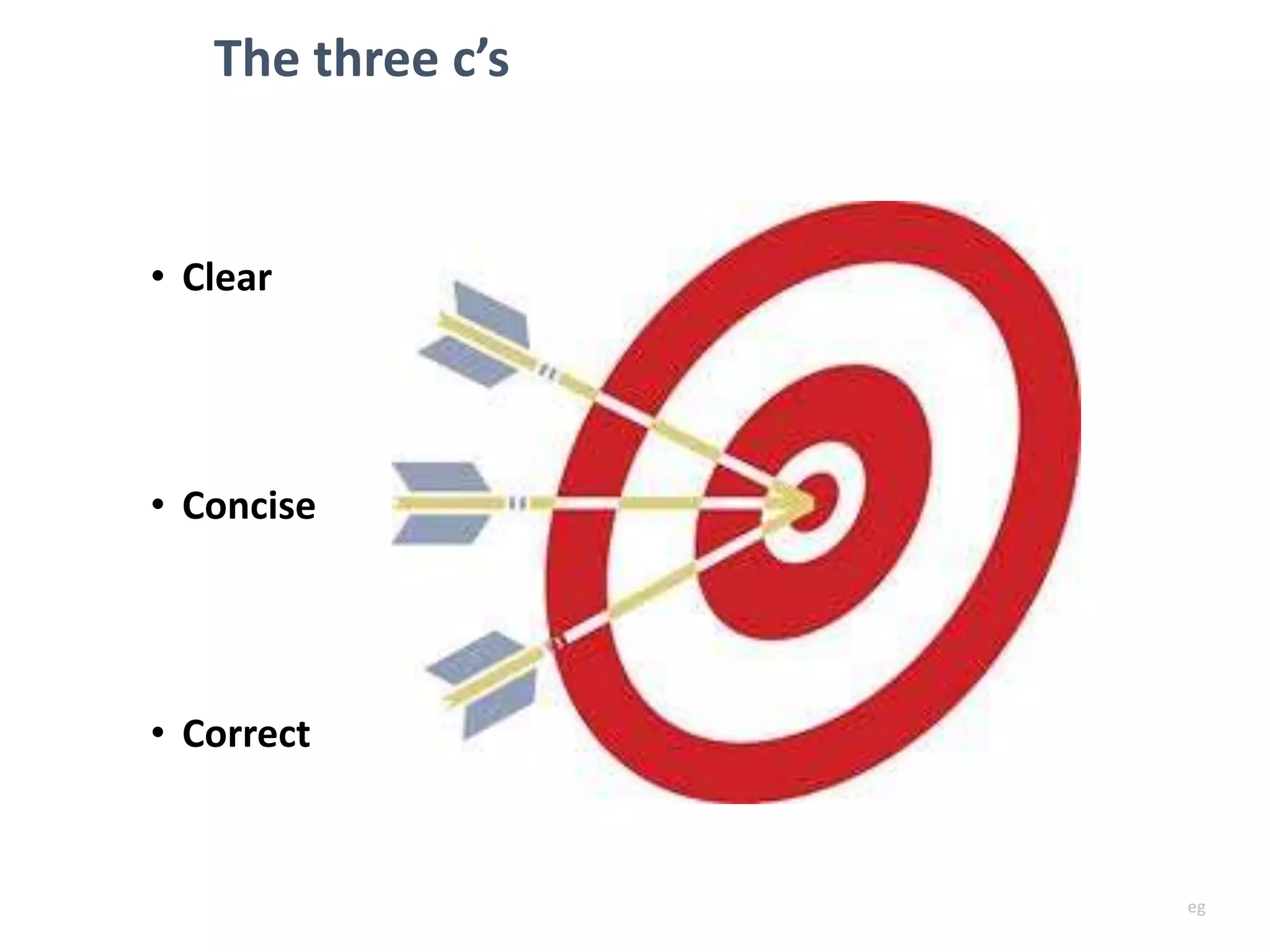 The three c’s
• Clear
• Concise
• Correct
eg
 