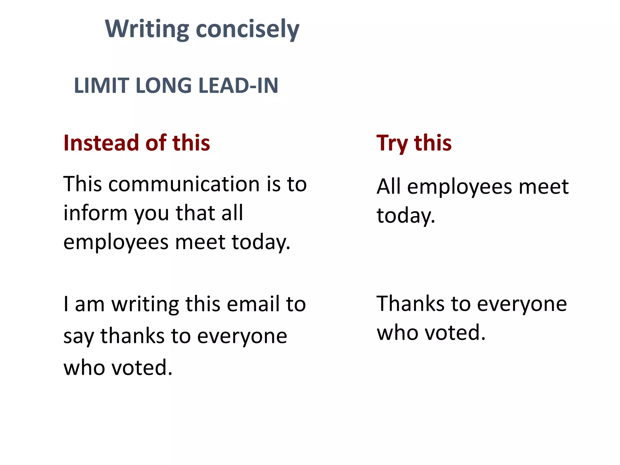 Writing concisely
Instead of this
This communication is to
inform you that all
employees meet today.
I am writing this email to
say thanks to everyone
who voted.
Try this
All employees meet
today.
Thanks to everyone
who voted.
LIMIT LONG LEAD-IN
 