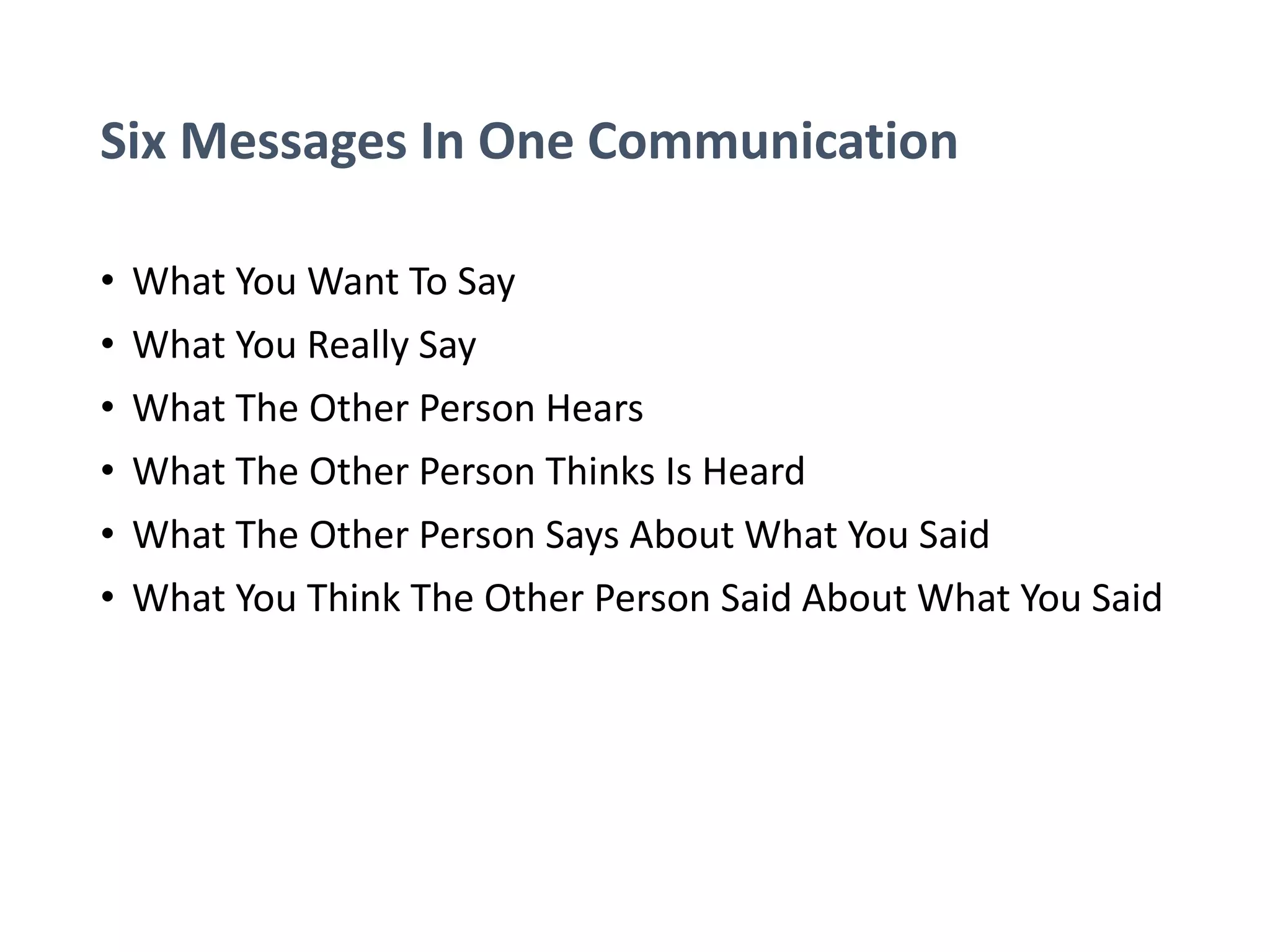 Six Messages In One Communication
• What You Want To Say
• What You Really Say
• What The Other Person Hears
• What The Other Person Thinks Is Heard
• What The Other Person Says About What You Said
• What You Think The Other Person Said About What You Said
 
