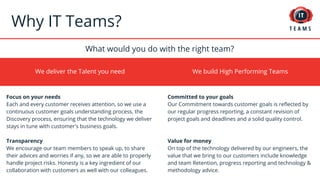 We deliver the Talent you need
Why IT Teams?
Focus on your needs
Each and every customer receives attention, so we use a
continuous customer goals understanding process, the
Discovery process, ensuring that the technology we deliver
stays in tune with customer's business goals.
Transparency
We encourage our team members to speak up, to share
their advices and worries if any, so we are able to properly
handle project risks. Honesty is a key ingredient of our
collaboration with customers as well with our colleagues.
What would you do with the right team?
We build High Performing Teams
Committed to your goals
Our Commitment towards customer goals is reflected by
our regular progress reporting, a constant revision of
project goals and deadlines and a solid quality control.
Value for money
On top of the technology delivered by our engineers, the
value that we bring to our customers include knowledge
and team Retention, progress reporting and technology &
methodology advice.
 