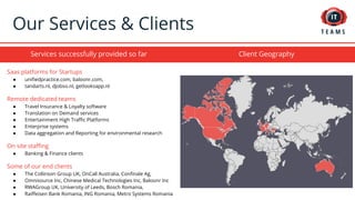 Services successfully provided so far
Our Services & Clients
Saas platforms for Startups
● unifiedpractice.com, baloonr.com,
● tandarts.nl, djobso.nl, getlooksapp.nl
Remote dedicated teams
● Travel Insurance & Loyalty software
● Translation on Demand services
● Entertainment High Traffic Platforms
● Enterprise systems
● Data aggregation and Reporting for environmental research
On site staffing
● Banking & Finance clients
Some of our end clients
● The Collinson Group UK, OnCall Australia, Confinale Ag,
● Omnisource Inc, Chinese Medical Technologies Inc, Baloonr Inc
● RWAGroup UK, University of Leeds, Bosch Romania,
● Raiffeisen Bank Romania, ING Romania, Metro Systems Romania
Client Geography
 
