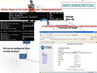 IMPLIMENTATION
INITIAL STAGE OF NE CONFIGURATION - COMMANDPROMPT




                                 IT IMPLIMENTED CONFIGURATION – WEB PAGE BASED




 NE can be configured from
 remote location
 