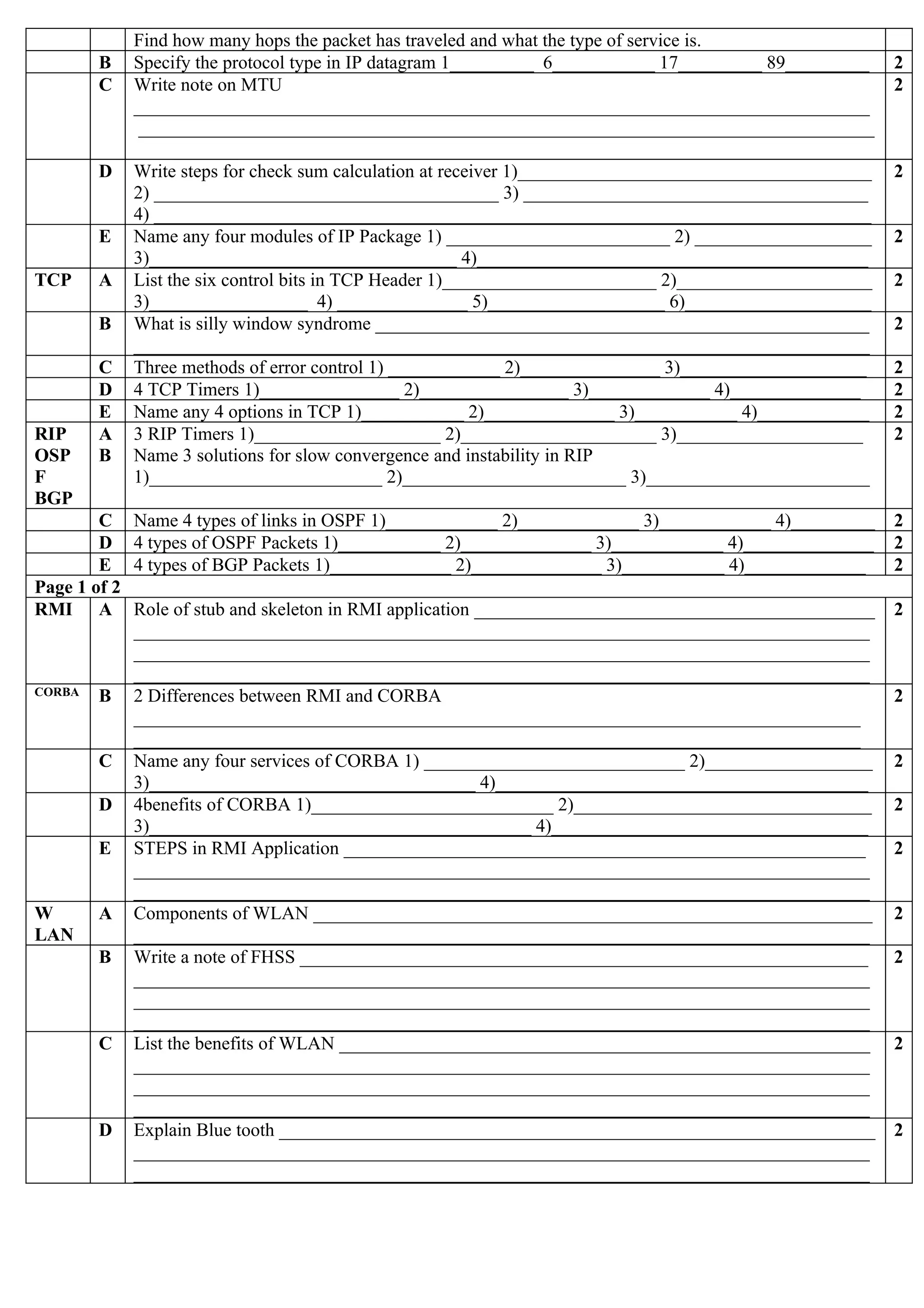 Find how many hops the packet has traveled and what the type of service is.
        B     Specify the protocol type in IP datagram 1_________ 6___________ 17_________ 89_________     2
        C     Write note on MTU                                                                            2
              _______________________________________________________________________________
               _______________________________________________________________________________

        D     Write steps for check sum calculation at receiver 1)______________________________________   2
              2) _____________________________________ 3) _____________________________________
              4) _____________________________________________________________________________
        E     Name any four modules of IP Package 1) ________________________ 2) ___________________       2
              3)_________________________________ 4)__________________________________________
TCP     A     List the six control bits in TCP Header 1)_______________________ 2)_____________________    2
              3)_________________ 4) ______________ 5)___________________ 6)____________________
        B     What is silly window syndrome _____________________________________________________          2
              _______________________________________________________________________________
        C     Three methods of error control 1) ____________ 2)_______________ 3)____________________      2
        D     4 TCP Timers 1)_______________ 2)________________ 3)_____________ 4)______________           2
        E     Name any 4 options in TCP 1)___________ 2)______________ 3)___________ 4)____________        2
RIP     A     3 RIP Timers 1)____________________ 2)_____________________ 3)____________________           2
OSP     B     Name 3 solutions for slow convergence and instability in RIP
F             1)_________________________ 2)________________________ 3)________________________
BGP
        C     Name 4 types of links in OSPF 1)____________ 2)_____________ 3)____________ 4)_________      2
        D     4 types of OSPF Packets 1)___________ 2)______________ 3)____________ 4)______________       2
        E     4 types of BGP Packets 1)_____________ 2)______________ 3)___________ 4)_____________        2
Page 1 of 2
RMI A         Role of stub and skeleton in RMI application ___________________________________________     2
              _______________________________________________________________________________
              _______________________________________________________________________________
              _______________________________________________________________________________
CORBA   B     2 Differences between RMI and CORBA                                                          2
              ______________________________________________________________________________
              ______________________________________________________________________________
        C     Name any four services of CORBA 1) ____________________________ 2)__________________         2
              3)___________________________________ 4)________________________________________
        D     4benefits of CORBA 1)__________________________ 2)________________________________           2
              3)_________________________________________ 4)__________________________________
        E     STEPS in RMI Application ________________________________________________________            2
              _______________________________________________________________________________
              _______________________________________________________________________________
W       A     Components of WLAN ____________________________________________________________              2
LAN           _______________________________________________________________________________
        B     Write a note of FHSS _____________________________________________________________           2
              _______________________________________________________________________________
              _______________________________________________________________________________
              _______________________________________________________________________________
        C     List the benefits of WLAN _________________________________________________________          2
              _______________________________________________________________________________
              _______________________________________________________________________________
              _______________________________________________________________________________
        D     Explain Blue tooth ________________________________________________________________          2
              _______________________________________________________________________________
              _______________________________________________________________________________
 