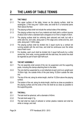 Page 24 ITTF Handbook 2012 - 2013
2 THE LAWS OF TABLE TENNIS
2.1 THE TABLE
2.1.1 The upper surface of the table, known as the playing surface, shall be
rectangular, 2.74m long and 1.525m wide, and shall lie in a horizontal plane
76cm above the floor.
2.1.2 The playing surface shall not include the vertical sides of the tabletop.
2.1.3 The playing surface may be of any material and shall yield a uniform bounce
of about 23cm when a standard ball is dropped on to it from a height of 30cm.
2.1.4 The playing surface shall be uniformly dark coloured and matt, but with a
white side line, 2cm wide, along each 2.74m edge and a white end line, 2cm
wide, along each 1.525m edge.
2.1.5 The playing surface shall be divided into 2 equal courts by a vertical net
running parallel with the end lines, and shall be continuous over the whole
area of each court.
2.1.6 For doubles, each court shall be divided into 2 equal half-courts by a white
centre line, 3mm wide, running parallel with the side lines; the centre line shall
be regarded as part of each right half-court.
2.2 THE NET ASSEMBLY
2.2.1 The net assembly shall consist of the net, its suspension and the supporting
posts, including the clamps attaching them to the table.
2.2.2 The net shall be suspended by a cord attached at each end to an upright post
15.25cm high, the outside limits of the post being 15.25cm outside the side
line.
2.2.3 The top of the net, along its whole length, shall be 15.25cm above the playing
surface.
2.2.4 The bottom of the net, along its whole length, shall be as close as possible to
the playing surface and the ends of the net shall be as close as possible to
the supporting posts.
2.3 THE BALL
2.3.1 The ball shall be spherical, with a diameter of 40mm.
2.3.2 The ball shall weigh 2.7g.
2.3.3 The ball shall be made of celluloid or similar plastics material and shall be
white or orange, and matt.
 