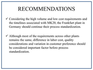 RECOMMENDATIONS
 Considering the high volume and low cost requirements and
the timelines associated with MK20, the Frankfurt plant in
Germany should continue their process standardization.
 Although most of the requirements across other plants
remains the same, difference in labor cost, quality
considerations and variation in customer preference should
be considered important factor before process
standardization.
 