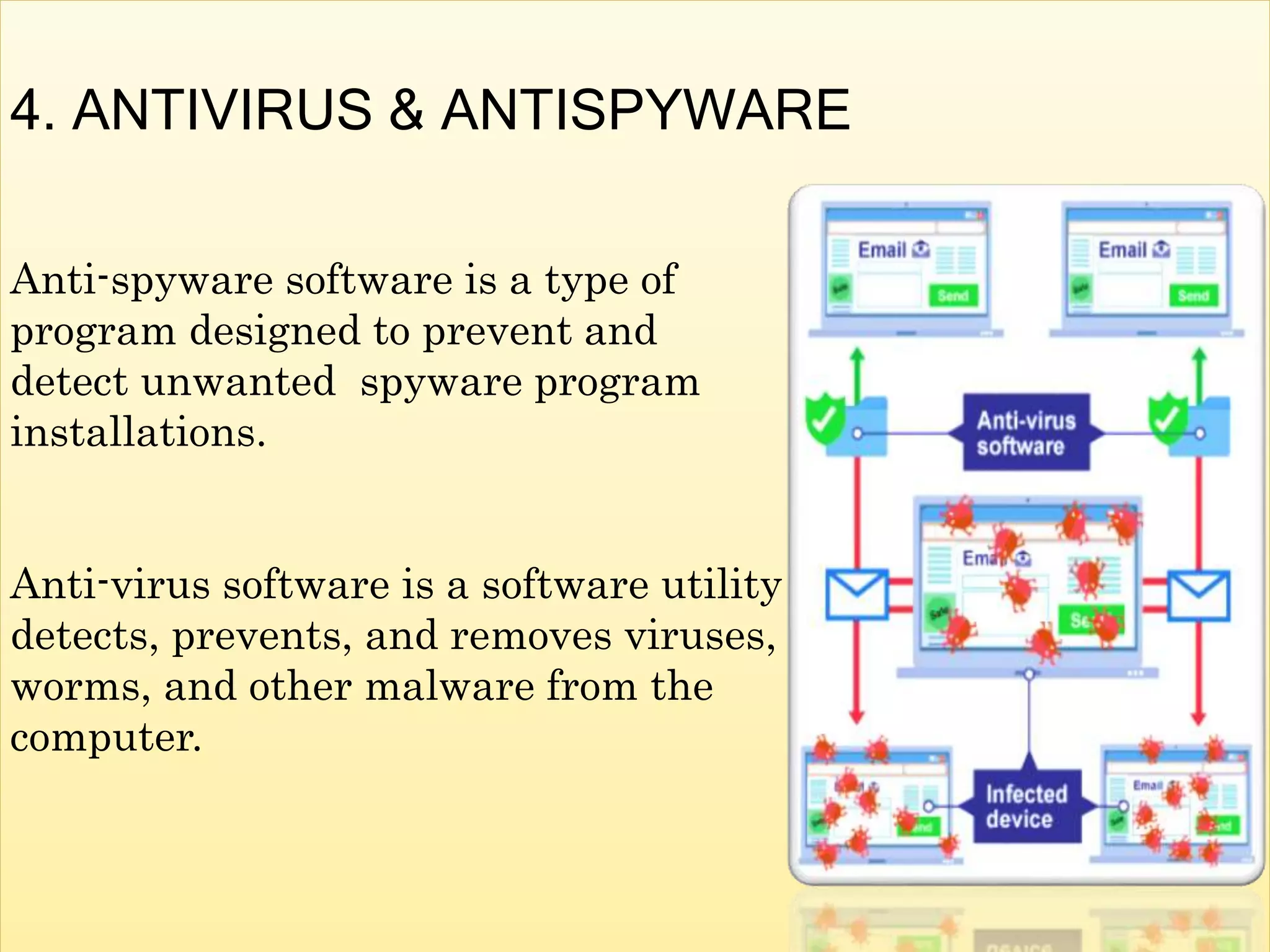 4. ANTIVIRUS & ANTISPYWARE
Anti-spyware software is a type of
program designed to prevent and
detect unwanted spyware program
installations.
Anti-virus software is a software utility that
detects, prevents, and removes viruses,
worms, and other malware from the
computer.
 