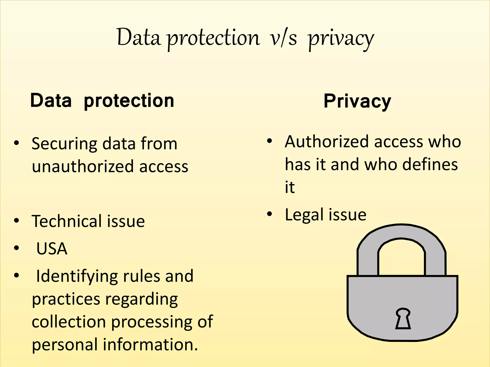 Data protection v/s privacy
Data protection
• Securing data from
unauthorized access
• Technical issue
• USA
• Identifying rules and
practices regarding
collection processing of
personal information.
Privacy
• Authorized access who
has it and who defines
it
• Legal issue
 