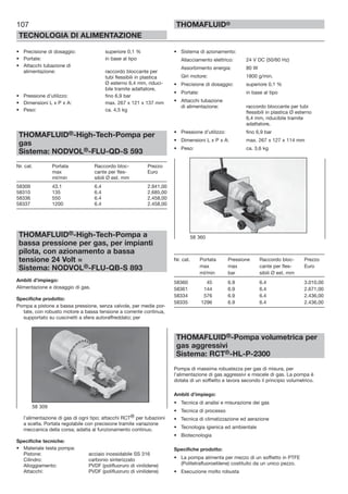 107
TECNOLOGIA DI ALIMENTAZIONE
THOMAFLUID®
• Precisione di dosaggio: superiore 0,1 %
• Portate: in base al tipo
• Attacchi tubazione di
alimentazione: raccordo bloccante per
tubi flessibili in plastica
Ø esterno 6,4 mm, riduci-
bile tramite adattatore,
• Pressione d’utilizzo: fino 6,9 bar
• Dimensioni L x P x A: max. 267 x 121 x 137 mm
• Peso: ca. 4,5 kg
THOMAFLUID®-High-Tech-Pompa per
gas
Sistema: NODVOL®-FLU-QD-S 593
Nr. cat. Portata Raccordo bloc- Prezzo
max cante per fles- Euro
ml/min sibili Ø est. mm
58309 43.1 6.4 2.941,00
58310 135 6.4 2.685,00
58336 550 6.4 2.458,00
58337 1200 6.4 2.458,00
THOMAFLUID®-High-Tech-Pompa a
bassa pressione per gas, per impianti
pilota, con azionamento a bassa
tensione 24 Volt =
Sistema: NODVOL®-FLU-QB-S 893
Ambiti d’impiego:
Alimentazione e dosaggio di gas.
Specifiche prodotto:
Pompa a pistone a bassa pressione, senza valvole, per medie por-
tate, con robusto motore a bassa tensione a corrente continua,
supportato su cuscinetti a sfera autoraffreddato; per
l’alimentazione di gas di ogni tipo; attacchi RCT® per tubazioni
a scelta. Portata regolabile con precisione tramite variazione
meccanica della corsa; adatta al funzionamento continuo.
Specifiche tecniche:
• Materiale testa pompa:
Pistone: acciaio inossidabile SS 316
Cilindro: carbonio sinterizzato
Alloggiamento: PVDF (polifluoruro di vinilidene)
Attacchi: PVDF (polifluoruro di vinilidene)
• Sistema di azionamento:
Allacciamento elettrico: 24 V DC (50/60 Hz)
Assorbimento energia: 80 W
Giri motore: 1800 g/min.
• Precisione di dosaggio: superiore 0,1 %
• Portate: in base al tipo
• Attacchi tubazione
di alimentazione: raccordo bloccante per tubi
flessibili in plastica Ø esterno
6,4 mm, riducibile tramite
adattatore,
• Pressione d’utilizzo: fino 6,9 bar
• Dimensioni L x P x A: max. 267 x 127 x 114 mm
• Peso: ca. 3,6 kg
Nr. cat. Portata Pressione Raccordo bloc- Prezzo
max max cante per fles- Euro
ml/min bar sibili Ø est. mm
58360 45 6.9 6.4 3.010,00
58361 144 6.9 6.4 2.671,00
58334 576 6.9 6.4 2.436,00
58335 1296 6.9 6.4 2.436,00
THOMAFLUID®-Pompa volumetrica per
gas aggressivi
Sistema: RCT®-HL-P-2300
Pompa di massima robustezza per gas di misura, per
l’alimentazione di gas aggressivi e miscele di gas. La pompa è
dotata di un soffietto e lavora secondo il principio volumetrico.
Ambiti d’impiego:
• Tecnica di analisi e misurazione dei gas
• Tecnica di processo
• Tecnica di climatizzazione ed aerazione
• Tecnologia igienica ed ambientale
• Biotecnologia
Specifiche prodotto:
• La pompa alimenta per mezzo di un soffietto in PTFE
(Politetrafluoroetilene) costituito da un unico pezzo.
• Esecuzione molto robusta
58 309
58 360
 