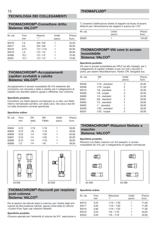 THOMACHROM®-Connettore dritto
Sistema: VALCO®
Nr. cat. Foro Attacchi Unità/ Prezzo
mm ” / ” pacco Euro
83576 7,0 3/8 / 3/8 1 55,00
83577 9,5 3/8 / 3/8 1 60,00
83578 0,75 1/2 / 1/16 1 82,00
83579 1,0 1/2 / 1/2 1 60,00
83580 10,1 1/2 / 1/2 1 75,00
83581 12,7 1/2 / 1/2 1 75,00
THOMACHROM®-Accoppiamenti
capillari avvitabili a calotta
Sistema: VALCO®
Accoppiamento in acciaio inossidabile SS 316 resistente alla
corrosione; con raccordo e dado a calotta, per il collegamento di
capillari con diametro esterno uguale o differente, foro uniforme.
Specifiche prodotto:
Connettore con filetto esterno normalizzato su un lato, con filetto
interno normalizzato sull’altro, con dado cavo, vite cava e due fer-
ruli delle dimensioni nominali specificate.
Specifiche ordine:
Nr. cat. Foro DN DN Unità/ Prezzo
mm dado Filetto pacco Euro
” ”
83604 0,75 1/16 1/16 1 59,00
83605 0,75 1/8 1/16 1 59,00
83606 0,25 1/4 1/32 1 82,00
83607 0,75 1/4 1/32 1 82,00
83608 0,75 1/4 1/16 1 59,00
83609 1,0 1/4 1/8 1 59,00
THOMACHROM®-Raccordi per reazione
post-colonna
Sistema: VALCO®
Per le reazioni dei derivati dopo la colonna, per l’analisi degli ami-
noacidi ed altre sostanze naturali, oppure come testa di colonna
«Curtain-Flow-Type« per tubazioni flessibili.
Specifiche prodotto:
Chiusura speciale per l’estremità di colonne da 3/4”, esecuzione a
T, consente l’additivazione diretta di reagenti nel flusso di eluenti.
Attacchi per l’alimentazione dei reagenti e scarico da 1/16”.
Nr. cat. Unità/ Prezzo
pacco Euro
83629 1 124,00
THOMACHROM®-Viti cave in acciaio
inossidabile
Sistema: VALCO®
Specifiche prodotto:
Viti cave in acciaio inossidabile per HPLC ed altri impieghi, per il
collegamento di capillari metallici e tubi con tutti i raccordi in
pollici, per sistemi Altex/Beckmann, Parker, CPI, Swagelok ecc.
Nr. cat. DN Unità/ Prezzo
” pacco Euro
83508 1/16 , standard 3 32,00
83598 1/16 , lunghe 2 31,00
83510 1/8 , standard 3 32,00
83599 1/8 , lunghe 3 32,00
83600 1/4 , standard 3 32,00
83601 3/8 , standard 2 28,00
83602 1/2 , standard 2 28,00
83603 1" , standard 1 39,00
83506 1/32 , standard 2 29,00
83507 1/32 , lunghe 2 29,00
THOMACHROM®-Riduzioni filettate a
maschio
Sistema: VALCO®
Specifiche prodotto:
Riduzioni con filetto maschio con fori passanti, in acciaio
inossidabile SS 316, per il collegamento di capillari normalizzati.
Specifiche ordine:
Nr. cat. Foro Riduzione Unità/ Prezzo
mm ”/” pacco Euro
83516 0,25 1/16 – 1/32 1 71,00
83517 0,50 1/16 – 1/32 1 71,00
83518 0,80 1/16 – 1/32 1 71,00
83519 0,25 1/8 – 1/16 1 40,00
83520 0,50 1/8 – 1/16 1 40,00
13
TECNOLOGIA DEI COLLEGAMENTI
THOMAFLUID®
83 604 83 629 83 508 83 598
 
