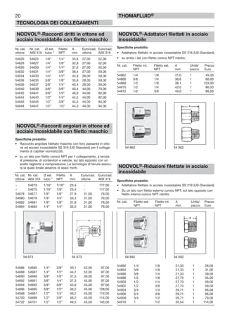 NODVOL®-Raccordi dritti in ottone ed
acciaio inossidabile con filetto maschio
Nr. cat. Nr. cat. Ø est. Filetto A Euro/cad. Euro/cad.
ottone AISI 316 tubo “ NPT mm ottone AISI 316
54626 54625 1/8” 1/4” 35,6 27,00 52,00
54628 54627 1/4” 1/8” 32,8 27,00 52,00
54630 54629 1/4” 1/4” 37,6 27,00 52,00
54632 54631 1/4” 3/8” 38,4 27,00 59,00
54634 54633 1/4” 1/2” 43,9 28,00 59,00
54636 54635 3/8” 1/8” 35,6 28,00 59,00
54638 54637 3/8” 1/4” 40,4 28,00 59,00
54640 54639 3/8” 3/8” 40,4 44,00 79,00
54642 54641 3/8” 1/2” 46,0 44,00 82,00
54644 54643 1/2” 1/4” 44,5 44,00 82,00
54646 54645 1/2” 3/8” 44,5 44,00 94,00
54648 54647 1/2” 1/2” 44,3 44,00 94,00
NODVOL®-Raccordi angolari in ottone ed
acciaio inossidabile con filetto maschio
Specifiche prodotto:
• Raccordo angolare filettato maschio con foro passante in otto-
ne ed acciaio inossidabile SS 316 (US-Standard) per il collega-
mento di capillari normalizzati.
• su un lato con filetto conico NPT per il collegamento, a tenuta
di pressione, di contenitori e valvole, sul lato opposto con un
anello tagliente a compressione. La tecnologia di tenuta assicu-
ra la quasi totale assenza di spazi morti.
Nr. cat. Nr. cat. Ø est. Filetto A Euro/cad. Euro/cad.
ottone AISI 316 tubo “ NPT mm ottone AISI 316
– 54673 1/16” 1/16” 23,4 - 117,00
– 54675 1/16” 1/8” 23,4 - 117,00
54678 54677 1/8” 1/8” 27,9 31,00 76,00
54680 54679 1/8” 1/4” 33,3 31,00 76,00
54682 54681 1/8” 1/8” 31,8 31,00 76,00
54684 54683 1/4” 1/4” 35,0 31,00 76,00
54686 54685 1/4” 3/8” 40,1 52,00 97,00
54688 54687 1/4” 1/2” 44,2 52,00 97,00
54690 54689 3/8” 1/8” 37,3 39,00 97,00
54692 54691 3/8” 1/4” 37,3 45,00 97,00
54694 54693 3/8” 3/8” 42,9 45,00 97,00
54696 54695 3/8” 1/2” 46,2 45,00 128,00
54698 54697 1/2” 1/4” 46,2 45,00 114,00
54700 54699 1/2” 3/8” 46,2 45,00 114,00
54702 54701 1/2” 1/2” 49,5 45,00 145,00
NODVOL®-Adattatori filettati in acciaio
inossidabile
Specifiche prodotto:
• Adattatore filettato in acciaio inossidabile SS 316 (US-Standard)
• su ambo i lati con filetto conico NPT ridotto.
Nr. cat. Filetto int. Filetto est. A Unità/ Prezzo
NPT NPT mm pacco Euro
54862 1/4 1/8 31,0 1 45,00
54866 3/8 1/4 36,6 1 66,00
54868 1/2 1/8 38,1 1 103,00
54870 1/2 1/4 43,0 1 86,00
54872 1/2 3/8 43,0 1 86,00
NODVOL®-Riduzioni filettate in acciaio
inossidabile
Specifiche prodotto:
• Adattatore filettato in acciaio inossidabile SS 316 (US-Standard)
• Su un lato con filetto esterno conico NPT, sul lato opposto con
filetto interno conico NPT ridotto.
Nr. cat. Filetto est. Filetto int. A Unità/ Prezzo
NPT NPT mm pacco Euro
54892 1/4 1/8 21,33 1 28,00
54894 3/8 1/8 21,33 1 31,00
54896 3/8 1/4 21,33 1 39,00
54898 1/2 1/8 27,70 1 55,00
54900 1/2 1/4 27,70 1 59,00
54902 1/2 3/8 27,70 1 59,00
54904 3/4 1/4 29,71 1 66,00
54906 3/4 3/8 29,71 1 66,00
54908 3/4 1/2 29,71 1 79,00
54910 1 1/2 35,54 1 114,00
20
TECNOLOGIA DEI COLLEGAMENTI
THOMAFLUID®
54 673 54 673 54 892 54 892
54 862 54 862
 