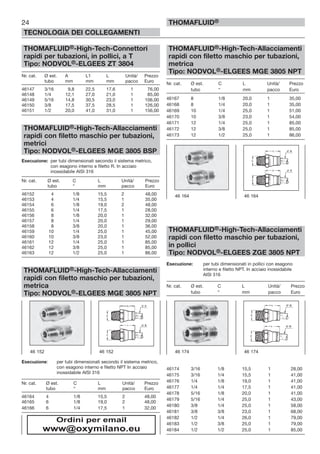 24
TECNOLOGIA DEI COLLEGAMENTI
THOMAFLUID®
THOMAFLUID®-High-Tech-Connettori
rapidi per tubazioni, in pollici, a T
Tipo: NODVOL®-ELGEES ZT 3804
Nr. cat. Ø est. A L1 L Unità/ Prezzo
tubo mm mm mm pacco Euro
46147 3/16 9,8 22,5 17,6 1 76,00
46148 1/4 12,1 27,0 21,0 1 85,00
46149 5/16 14,8 30,5 23,0 1 106,00
46150 3/8 17,5 37,5 28,5 1 126,00
46151 1/2 20,0 41,0 31,0 1 156,00
THOMAFLUID®-High-Tech-Allacciamenti
rapidi con filetto maschio per tubazioni,
metrici
Tipo: NODVOL®-ELGEES MGE 3805 BSP
Esecuzione: per tubi dimensionati secondo il sistema metrico,
con esagono interno e filetto R. In acciaio
inossidabile AISI 316
Nr. cat. Ø est. C L Unità/ Prezzo
tubo “ mm pacco Euro
46152 4 1/8 15,5 2 48,00
46153 4 1/4 15,5 1 35,00
46154 6 1/8 19,0 2 48,00
46155 6 1/4 17,5 1 28,00
46156 8 1/8 20,0 1 32,00
46157 8 1/4 20,0 1 29,00
46158 8 3/8 20,0 1 36,00
46159 10 1/4 25,0 1 45,00
46160 10 3/8 23,0 1 52,00
46161 12 1/4 25,0 1 85,00
46162 12 3/8 25,0 1 85,00
46163 12 1/2 25,0 1 86,00
THOMAFLUID®-High-Tech-Allacciamenti
rapidi con filetto maschio per tubazioni,
metrica
Tipo: NODVOL®-ELGEES MGE 3805 NPT
Esecuzione: per tubi dimensionati secondo il sistema metrico,
con esagono interno e filetto NPT In acciaio
inossidabile AISI 316
Nr. cat. Ø est. C L Unità/ Prezzo
tubo “ mm pacco Euro
46164 4 1/8 15,5 2 48,00
46165 6 1/8 19,0 2 48,00
46166 6 1/4 17,5 1 32,00
THOMAFLUID®-High-Tech-Allacciamenti
rapidi con filetto maschio per tubazioni,
metrica
Tipo: NODVOL®-ELGEES MGE 3805 NPT
Nr. cat. Ø est. C L Unità/ Prezzo
tubo “ mm pacco Euro
46167 8 1/8 20,0 1 35,00
46168 8 1/4 20,0 1 35,00
46169 10 1/4 25,0 1 51,00
46170 10 3/8 23,0 1 54,00
46171 12 1/4 25,0 1 85,00
46172 12 3/8 25,0 1 85,00
46173 12 1/2 25,0 1 86,00
THOMAFLUID®-High-Tech-Allacciamenti
rapidi con filetto maschio per tubazioni,
in pollici
Tipo: NODVOL®-ELGEES ZGE 3805 NPT
Esecuzione: per tubi dimensionati in pollici con esagono
interno e filetto NPT. In acciaio inossidabile
AISI 316
Nr. cat. Ø est. C L Unità/ Prezzo
tubo “ mm pacco Euro
46174 3/16 1/8 15,5 1 28,00
46175 3/16 1/4 15,5 1 41,00
46176 1/4 1/8 19,0 1 41,00
46177 1/4 1/4 17,5 1 41,00
46178 5/16 1/8 20,0 1 41,00
46179 5/16 1/4 25,0 1 43,00
46180 3/8 1/4 25,0 1 58,00
46181 3/8 3/8 23,0 1 68,00
46182 1/2 1/4 26,0 1 79,00
46183 1/2 3/8 25,0 1 79,00
46184 1/2 1/2 25,0 1 85,00
46 152 46 152
46 164 46 164
46 174 46 174
Ordini per email
www@oxymilano.eu
 