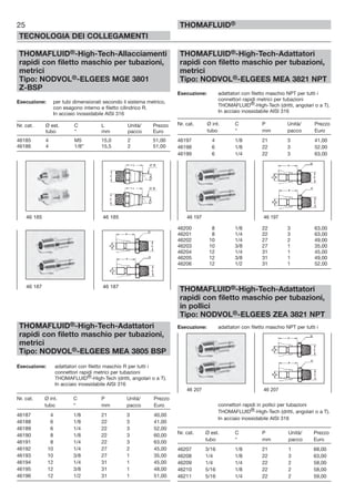 25
TECNOLOGIA DEI COLLEGAMENTI
THOMAFLUID®
THOMAFLUID®-High-Tech-Allacciamenti
rapidi con filetto maschio per tubazioni,
metrici
Tipo: NODVOL®-ELGEES MGE 3801
Z-BSP
Esecuzione: per tubi dimensionati secondo il sistema metrico,
con esagono interno e filetto cilindrico R.
In acciaio inossidabile AISI 316
Nr. cat. Ø est. C L Unità/ Prezzo
tubo “ mm pacco Euro
46185 4 M5 15,0 2 51,00
46186 4 1/8” 15,5 2 51,00
THOMAFLUID®-High-Tech-Adattatori
rapidi con filetto maschio per tubazioni,
metrici
Tipo: NODVOL®-ELGEES MEA 3805 BSP
Esecuzione: adattatori con filetto maschio R per tutti i
connettori rapidi metrici per tubazioni
THOMAFLUID®-High-Tech (dritti, angolari o a T).
In acciaio inossidabile AISI 316
Nr. cat. Ø int. C P Unità/ Prezzo
tubo “ mm pacco Euro
46187 4 1/8 21 3 40,00
46188 6 1/8 22 3 41,00
46189 6 1/4 22 3 52,00
46190 8 1/8 22 3 60,00
46191 8 1/4 22 3 63,00
46192 10 1/4 27 2 45,00
46193 10 3/8 27 1 35,00
46194 12 1/4 31 1 45,00
46195 12 3/8 31 1 48,00
46196 12 1/2 31 1 51,00
THOMAFLUID®-High-Tech-Adattatori
rapidi con filetto maschio per tubazioni,
metrici
Tipo: NODVOL®-ELGEES MEA 3821 NPT
Esecuzione: adattatori con filetto maschio NPT per tutti i
connettori rapidi metrici per tubazioni
THOMAFLUID®-High-Tech (dritti, angolari o a T).
In acciaio inossidabile AISI 316
Nr. cat. Ø int. C P Unità/ Prezzo
tubo “ mm pacco Euro
46197 4 1/8 21 3 41,00
46198 6 1/8 22 3 52,00
46199 6 1/4 22 3 63,00
46200 8 1/8 22 3 63,00
46201 8 1/4 22 3 63,00
46202 10 1/4 27 2 49,00
46203 10 3/8 27 1 35,00
46204 12 1/4 31 1 45,00
46205 12 3/8 31 1 49,00
46206 12 1/2 31 1 52,00
THOMAFLUID®-High-Tech-Adattatori
rapidi con filetto maschio per tubazioni,
in pollici
Tipo: NODVOL®-ELGEES ZEA 3821 NPT
Esecuzione: adattatori con filetto maschio NPT per tutti i
connettori rapidi in pollici per tubazioni
THOMAFLUID®-High-Tech (dritti, angolari o a T).
In acciaio inossidabile AISI 316
Nr. cat. Ø est. C P Unità/ Prezzo
tubo “ mm pacco Euro
46207 3/16 1/8 21 1 68,00
46208 1/4 1/8 22 3 63,00
46209 1/4 1/4 22 2 58,00
46210 5/16 1/8 22 2 58,00
46211 5/16 1/4 22 2 59,00
46 185 46 185
46 187 46 187
46 197 46 197
46 207 46 207
 