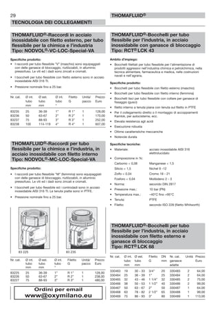 29
TECNOLOGIA DEI COLLEGAMENTI
THOMAFLUID®
THOMAFLUID®-Raccordi in acciaio
inossidabile con filetto esterno, per tubo
flessibile per la chimica e l’industria
Tipo: NODVOL®-VC-LOC-Special-VA
Specifiche prodotto:
• I raccordi per tubo flessibile ”V” (maschio) sono equipaggiati
con delle ganasce di bloccaggio, riutilizzabili, in alluminio
pressofuso. Le viti ed i dadi sono zincati e cromati.
• I bocchelli per tubo flessibile con filetto esterno sono in acciaio
inossidabile AISI 316 TI.
• Pressione nominale fino a 25 bar.
Nr. cat. Ø int. Ø est. Ø int. Filetto Unità/ Prezzo
tubo tubo tubo G pacco Euro
mm mm “
83235 25 36-39 1” R 1” 1 128,00
83236 50 63-67 2” R 2” 1 170,00
83237 75 88-93 3” R 3” 1 252,00
83238 100 114-119 4” R 4” 1 607,00
THOMAFLUID®-Raccordi per tubo
flessibile per la chimica e l’industria, in
acciaio inossidabile con filetto interno
Tipo: NODVOL®-MC-LOC-Special-VA
Specifiche prodotto:
• I raccordi per tubo flessibile ”M” (femmina) sono equipaggiati
con delle ganasce di bloccaggio, riutilizzabili, in alluminio
pressofuso. Le viti ed i dadi sono zincati e cromati.
• I bocchelli per tubo flessibile ed i controdadi sono in acciaio
inossidabile AISI 316 TI. Le tenute piatte sono in PTFE.
• Pressione nominale fino a 25 bar.
Nr. cat. Ø int. Ø est. Ø int. Filetto Unità/ Prezzo
tubo tubo tubo G pacco Euro
mm mm “
83225 25 36-39 1” R 1” 1 128,00
83226 50 63-67 2” R 2” 1 238,00
83227 75 88-93 3” R 3” 1 480,00
THOMAFLUID®-Bocchelli per tubo
flessibile per l’industria, in acciaio
inossidabile con ganasce di bloccaggio
Tipo: RCT® LCK 43
Ambito d’impiego:
• Bocchelli filettati per tubo flessibile per l’alimentazione di
prodotti aggressivi nell’industria chimica e petrolchimica, nella
tecnica alimentare, farmaceutica e medica, nelle costruzioni
navali e nell’agraria.
Specifiche prodotto:
• Bocchelli per tubo flessibile con filetto esterno (maschio)
• Bocchelli per tubo flessibile con filetto interno (femmina)
• Bocchelli lisci per tubo flessibile con collare per ganasce di
fissaggio (gusci)
• filetto interno a tenuta piana con tenuta sul filetto in PTFE
• Per il collegamento diretto o il montaggio di accoppiamenti
Kamlok, per autocisterne, ecc.
• Elevata resistenza agli acidi
• Esecuzione robusta
• Ottime caratteristiche meccaniche
• Notevole durata
Specifiche tecniche:
• Materiale: acciaio inossidabile AISI 316
elettrolucidato
• Composizione in %:
Carbonio < 0,08 Manganese < 1,5
Silicio < 1,5 Nichel 9 -12
Zolfo < 0,04 Cromo 18 - 21
Fosforo < 0,04 Molibdeno 2 - 3
• Norma: secondo DIN 2817
• Pressione max.: 10 bar (PN)
• Temperatura max.: –40°C fino +95°C
• Tenuta: PTFE
• Filetto: secondo ISO 228 (filetto Whitworth)
THOMAFLUID®-Bocchelli per tubo
flessibile per l’industria, in acciaio
inossidabile con filetto esterno e
ganasce di bloccaggio
Tipo: RCT® LCK 68
Nr. cat. Ø int. Ø est. Filetto DN Nr. cat. Unità Prezzo
tubo tubo G mm ganasce Euro
mm mm adatte
330463 19 30 - 33 3/4” 20 330483 2 64,00
330464 25 36 - 39 1” 25 330484 2 64,00
330465 32 43 - 46 1 1/4” 32 330485 2 75,00
330466 38 50 - 53 1 1/2” 40 330486 2 99,00
330467 50 63 - 67 2” 50 330487 1 64,00
330468 63 78 - 82 2 1/2” 65 330488 1 99,00
330469 75 86 - 93 3” 80 330489 1 113,00
83 225 83 235
Ordini per email
www@oxymilano.eu
 