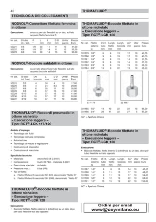 42
TECNOLOGIA DEI COLLEGAMENTI
THOMAFLUID®
NODVOL®-Connettore filettato femmina
in ottone
Esecuzione: Attacco per tubi flessibili su un lato, sul lato
opposto filetto femmina R
Nr. cat. Ø tubo R L I D Ø Unità/ Prezzo
int. / est. “ mm mm mm pacco Euro
50221 4/6 1/8 30 11 11 10 41,00
50222 4/6 1/4 37 14 11 10 55,00
50223 6/8 1/4 39 14 15 10 62,00
NODVOL®-Boccole saldabili in ottone
Esecuzione: su un lato attacchi per tubi flessibili, sul lato
opposto boccole saldabili
Nr. cat. Ø tubo DN L D Ø Unità/ Prezzo
int. / est. boccola mm mm pacco Euro
50225 2/3 4 16 4 10 17,00
50226 3/5 4 24 8,5 10 28,00
50227 4/6 6 35 11 10 35,00
50228 6/8 8 37 15 10 41,00
50229 6/10 8 37 15 10 41,00
50230 8/10 10 37 17 10 55,00
50231 8/12 10 37 17 10 55,00
THOMAFLUID®-Raccordi pneumatici in
ottone nichelato
– Esecuzione leggera –
Tipo: RCT®-LCK 117/120
Ambito d’impiego:
• Tecnologia dei fluidi
• Tecnologia dell’aria compressa
• Automazione
• Tecnologia di misura e regolazione
• Costruzione di dispositivi
• Costruzione di macchine
Specifiche tecniche:
• Materiale: ottone MS 58 (2.0401)
• Composizione: CuZn 39 Pb3 – materiale 2.0401
• Esecuzione speciale: nichelato
• Pressione max.: 8 bar (PN)
• Tipi di filetto:
a. Filetto Whitworth secondo ISO 228, denominato “filetto G”
b. Filetto Whitworth secondo DIN 2999, denominato “filetto R”
THOMAFLUID®-Boccole filettate in
ottone nichelato
– Esecuzione leggera –
Tipo: RCT®-LCK 120
Esecuzione:
• Boccole filettate, filetto esterno G (cilindrico) su un lato, olive
per tubo flessibile sul lato opposto
THOMAFLUID®-Boccole filettate in
ottone nichelato
– Esecuzione leggera –
Tipo: RCT®-LCK 120
Nr. cat. Filetto Ø int. Lungh. Lungh. AC* Utà/ Prezzo
esterno tubo filetto boccola mm pacco Euro
G mm mm mm
331179 1/8” 6 6 13 12 10 40,00
331180 1/8” 9 6 19 12 10 40,00
331181 1/4” 6 8 13 14 10 51,00
331182 1/4” 9 8 19 14 10 51,00
331183 3/8” 9 9 19 19 10 56,00
331184 3/8” 14 9 22 19 10 56,00
331185 1/2” 14 10 22 22 10 99,00
331186 3/4” 20 11 22 27 5 97,00
AC* = Apertura Chiave
THOMAFLUID®-Boccole filettate in
ottone nichelato
– Esecuzione leggera –
Tipo: RCT®-LCK 120
Esecuzione:
• Boccole filettate, filetto interno G (cilindrico) su un lato, olive per
tubo flessibile sul lato opposto
Nr. cat. Filetto Ø int. Lungh. Lungh. AC* Utà/ Prezzo
esterno tubo filetto boccola mm pacco Euro
G mm mm mm
331187 1/8” 6 8 13 14 10 40,00
331188 1/4” 6 11 13 17 10 48,00
331189 1/4” 9 11 19 17 10 54,00
331190 3/8” 9 12 19 22 10 64,00
331191 1/2” 13 15 19 22 10 156,00
AC* = Apertura Chiave
33 1179 33 1187
Ordini per email
www@oxymilano.eu
 