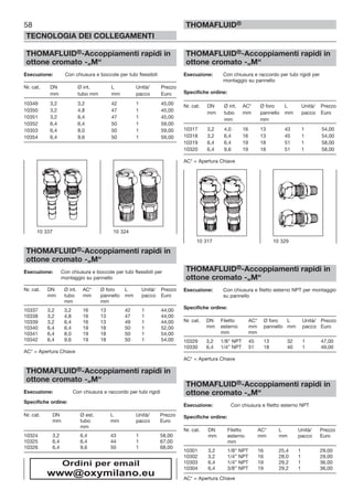 58
TECNOLOGIA DEI COLLEGAMENTI
THOMAFLUID®
THOMAFLUID®-Accoppiamenti rapidi in
ottone cromato -„M“
Esecuzione: Con chiusura e boccole per tubi flessibili
Nr. cat. DN Ø int. L Unità/ Prezzo
mm tubo mm mm pacco Euro
10349 3,2 3,2 42 1 45,00
10350 3,2 4,8 47 1 45,00
10351 3,2 6,4 47 1 45,00
10352 6,4 6,4 50 1 59,00
10353 6,4 8,0 50 1 59,00
10354 6,4 9,6 50 1 59,00
THOMAFLUID®-Accoppiamenti rapidi in
ottone cromato -„M“
Esecuzione: Con chiusura e boccole per tubi flessibili per
montaggio su pannello
Nr. cat. DN Ø int. AC* Ø foro L Unità/ Prezzo
mm tubo mm pannello mm pacco Euro
mm mm
10337 3,2 3,2 16 13 42 1 44,00
10338 3,2 4,8 16 13 47 1 44,00
10339 3,2 6,4 16 13 49 1 44,00
10340 6,4 6,4 19 18 50 1 52,00
10341 6,4 8,0 19 18 50 1 54,00
10342 6,4 9,6 19 18 50 1 54,00
AC* = Apertura Chiave
THOMAFLUID®-Accoppiamenti rapidi in
ottone cromato -„M“
Esecuzione: Con chiusura e raccordo per tubi rigidi
Specifiche ordine:
Nr. cat. DN Ø est. L Unità/ Prezzo
mm tubo mm pacco Euro
mm
10324 3,2 6,4 43 1 58,00
10325 6,4 6,4 44 1 67,00
10326 6,4 9,6 50 1 68,00
THOMAFLUID®-Accoppiamenti rapidi in
ottone cromato -„M“
Esecuzione: Con chiusura e raccordo per tubi rigidi per
montaggio su pannello
Specifiche ordine:
Nr. cat. DN Ø int. AC* Ø foro L Unità/ Prezzo
mm tubo mm pannello mm pacco Euro
mm mm
10317 3,2 4,0 16 13 43 1 54,00
10318 3,2 6,4 16 13 45 1 54,00
10319 6,4 6,4 19 18 51 1 58,00
10320 6,4 9,6 19 18 51 1 58,00
AC* = Apertura Chiave
THOMAFLUID®-Accoppiamenti rapidi in
ottone cromato -„M“
Esecuzione: Con chiusura e filetto esterno NPT per montaggio
su pannello
Specifiche ordine:
Nr. cat. DN Filetto AC* Ø foro L Unità/ Prezzo
mm esterno mm pannello mm pacco Euro
mm mm
10329 3,2 1/8” NPT 45 13 32 1 47,00
10330 6,4 1/4” NPT 51 18 40 1 49,00
AC* = Apertura Chiave
THOMAFLUID®-Accoppiamenti rapidi in
ottone cromato -„M“
Esecuzione: Con chiusura e filetto esterno NPT
Specifiche ordine:
Nr. cat. DN Filetto AC* L Unità/ Prezzo
mm esterno mm mm pacco Euro
mm
10301 3,2 1/8” NPT 16 25,4 1 29,00
10302 3,2 1/4” NPT 16 28,0 1 29,00
10303 6,4 1/4” NPT 19 29,2 1 36,00
10304 6,4 3/8” NPT 19 29,2 1 36,00
AC* = Apertura Chiave
10 317 10 329
10 337 10 324
Ordini per email
www@oxymilano.eu
 