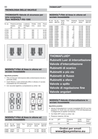 63
TECNOLOGIA DELLE VALVOLE
THOMAFLUID®
THOMASAFE-Valvole di sicurezza per
aria compressa
Tipo: NODVOL®-RS-1300
Nr. cat. Pressione ammessa Lunghezza Portata Unità/ Prezzo
ingresso uscita montaggio l/min. pacco Euro
bar bar mm
47535 15 2,5 34 300 2 40,00
47536 15 3,0 34 360 2 40,00
47537 15 4,0 34 380 2 41,00
47538 15 5,0 34 390 2 43,00
47539 15 6,0 34 405 2 43,00
NODVOL®-Filtri di linea in ottone ed
acciaio inossidabile
Specifiche prodotto:
• Filtro di linea per l’eliminazione della contaminazione dovuta a
particelle solide.
• Inserti filtranti in rame sinterizzato (filtro in ottone) o in acciaio
inossidabile SS 316 sinterizzato.
• Con raccordo tagliente a compressione su ambo i lati.
NODVOL®-Filtri di linea in ottone ed
acciaio inossidabile
Nr. cat. Nr. cat. Ingres- Foro Ampiezza Euro/cad. Euro/cad.
ottone AISI 316 so ed pori µm ottone AISI 316
uscita
54980 54979 1/4” 1/4” 1 141,00 303,00
54982 54981 1/4” 1/4” 5 141,00 303,00
NODVOL®-Filtri di linea in ottone ed
acciaio inossidabile
Nr. cat. Nr. cat. Ingres- Foro Ampiezza Euro/cad. Euro/cad.
ottone AISI 316 so ed pori µm ottone AISI 316
uscita
54984 54983 1/4“ 1/4“ 10 141,00 303,00
54986 54985 1/4” 1/4” 50 141,00 303,00
54988 54987 1/4” 1/4” 100 141,00 303,00
54990 54989 3/8” 3/8” 1 263,00 456,00
54992 54991 3/8” 3/8” 5 263,00 456,00
54994 54993 3/8” 3/8” 10 263,00 456,00
54996 54995 3/8” 3/8” 50 263,00 456,00
54998 54997 3/8” 3/8” 100 263,00 456,00
55000 54999 1/2” 1/2” 1 318,00 545,00
55002 55001 1/2” 1/2” 5 318,00 545,00
55004 55003 1/2” 1/2” 10 318,00 545,00
55006 55005 1/2” 1/2” 50 318,00 545,00
55008 55007 1/2” 1/2” 100 318,00 545,00
THOMAFLUID®
Rubinetti Luer di intercettazione
Valvole d’intercettazione
Rubinetti di scarico
Rubinetti a più vie
Rubinetti di flusso
Rubinetti a sfera
Valvole a spillo
Valvole di regolazione fine
Valvole angolari
NODVOL®-Valvole d’intercettazione in
acciaio inossidabile
Specifiche prodotto:
• Valvole d’intercettazione in acciaio inossidabile SS 316 con foro
passante 1/4” (6,35 mm), con tenuta in PTFE (US-Standard) per
il collegamento di capillari normalizzati.
• Con filetto NPT conico su ambo i lati.
• Pressione massima: 345 bar
Nr. cat. NPT Pressione Unità/ Prezzo
“ bar pacco Euro
97411 1/8 345 1 318,00
47 535 47 535
54 979 54 979
Ordini per email
www@oxymilano.eu
 