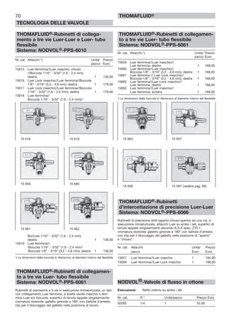 70
TECNOLOGIA DELLE VALVOLE
THOMAFLUID®
THOMAFLUID®-Rubinetti di collega-
mento a tre vie Luer-Luer e Luer- tubo
flessibile
Sistema: NODVOL®-PPS-6010
Nr. cat. Attacchi *) Unità/ Prezzo
pacco Euro
15615 Luer femmina//Luer maschio, chiuso
//Boccola 1/16” - 3/32” (1,6 - 2,4 mm),
destra 1 136,00
15616 Luer Lock maschio//Luer femmina//Boccola
1/8” - 3/16” (3,2 - 4,8 mm), destra 1 179,00
15617 Luer Lock maschio//Luer femmina//Boccola
1/16” - 3/32” (1,6 - 2,4 mm), destra 1 179,00
15618 Luer femmina//
Boccola 1/16” - 3/32” (1,6 - 2,4 mm)//
Boccola 1/16” - 3/32” (1,6 - 2,4 mm),
destra 1 136,00
15619 Luer femmina//
Boccola 1/16” - 3/32” (1,6 - 2,4 mm//
Boccola 1/8” - 3/16” (3,2 - 4,8 mm), destra 1 136,00
*) Le dimensioni della boccola si riferiscono al diametro interno del flessibile
THOMAFLUID®-Rubinetti di collegamen-
to a tre vie Luer- tubo flessibile
Sistema: NODVOL®-PPS-6061
Rubinetti di precisione a 3 vie in esecuzione miniaturizzata, un lato
con collegamento Luer femmina, a scelta uscite maschio o fem-
mina Luer e/o boccola; superfici di tenuta lappate singolarmente,
cromatura durevole; galletto girevole a 180° con battuta d’arresto,
clip per il bloccaggio del galletto nella posizione di lavoro.
THOMAFLUID®-Rubinetti di collegamen-
to a tre vie Luer- tubo flessibile
Sistema: NODVOL®-PPS-6061
Nr. cat. Attacchi *) Unità/ Prezzo
pacco Euro
15659 Luer femmina//Luer maschio//
Luer femmina, destra 1 168,00
15660 Luer femmina//Luer maschio//
Boccola 1/8” - 3/16” (3,2 - 4,8 mm), destra 1 168,00
15661 Luer femmina // Luer Lock maschio//
Boccola 1/8” - 3/16” (3,2 - 4,8 mm), destra 1 168,00
15662 Luer femmina//Luer Lock maschio//
Luer femmina, destra 1 168,00
15663 Luer femmina//Luer maschio//
Luer femmina, sinistra 1 168,00
*) Le dimensioni della boccola si riferiscono al diametro interno del flessibile
THOMAFLUID®-Rubinetti
d’intercettazione di precisione Luer-Luer
Sistema: NODVOL®-PPS-6066
Rubinetti di precisione dritti (aperto-chiuso-aperto) ad una via, in
esecuzione miniaturizzata, attacchi Luer su ambo i lati; superfici di
tenuta lappate singolarmente secondo A.S.A spec. Z70.1,
cromatura durevole; galletto girevole a 180° con battuta d’arresto,
con clip per il bloccaggio del galletto nella posizione di “aperto”
e “chiuso”.
Nr. cat. Attacchi Unità/ Prezzo
pacco Euro Euro
15657 Luer femmina//Luer maschio 1 184,00
15658 Luer femmina//Luer Lock maschio 1 198,00
NODVOL®-Valvole di flusso in ottone
Esecuzione: filetto interno su ambo i lati
Nr. cat. R “ Unità/pacco Prezzo Euro
50285 1/4 1 55,00
15 618 15 619
15 659 15 660
15 661 15 662
15 663 15 657
15 658 15 587 (vedere pag. 68)
 