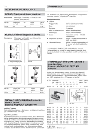 71
TECNOLOGIA DELLE VALVOLE
THOMAFLUID®
NODVOL®-Valvole di flusso in ottone
Esecuzione: Attacco per tubi flessibili su un lato, sul lato
opposto filetto esterno R
Nr. cat. Ø tubo mm R “ Unità/ Prezzo
int. / est. pacco Euro
50286 4/6 1/4 1 76,00
NODVOL®-Valvole angolari in ottone
Esecuzione: Attacco per tubi flessibili su un lato, sul lato
opposto filetto esterno R
Nr. cat. Ø tubo mm R “ Unità/ Prezzo
int. / est. pacco Euro
50284 4/6 1/4 1 66,00
THOMAFLUID®-UNIFORM-Rubinetti a
sfera in ottone
Sistema: NODVOL®-ELGEES 400
Ambito d’impiego:
Rubinetti d’intercettazione e distribuzione per tubazioni metalliche,
per l’alimentazione di fluidi e gas.
Specifiche prodotto:
Rubinetti resistenti all’usura con sfera lucidata, fori di dimensione
pari al diametro interno del tubo da collegare per l’alimentazione
esente da perdite di carico e turbolenza. Compensazione automa-
tica del gioco, in caso di microusura della sede autolubrificante
della sfera, tramite anelli di compensazione in materiali non metal-
lici resistenti all’abrasione, anelli di tenuta a baderna degli stessi
materiali per la tenuta sull’albero, leva di comando con battuta
d’arresto. Attacchi di tutti i normali diametri nominali. Combinabili
con gli elementi con filetto maschio del sistema di accoppiamento
rapido per tubazioni THOMAFLUID®-High-Tech.
Specifiche tecniche:
• Materiali:
Alloggiamento: ottone, sabbiato e nichelato;
Sfera: ottone lucidato
Sedi sfera: PA grafitato;
Anelli di compensazione: gomma butadiene (NBR)
Premistoppa: gomma butadiene (NBR)
• Durata: in condizioni normali > 100.000
commutazioni;
• Temperatura d’utilizzo: per gas e prodotti bassobollenti da
-20°C fino +90°C;
• Pressione d’utilizzo: per gas e prodotti bassobollenti fino
20 bar; per tutti gli altri prodotti fino
40 bar.
I rubinetti a sfera THOMAFLUID®-UNIFORM sono usati per
l’alimentazione di oli minerali, oli grassi, paraffine, benzine, alcoli,
acqua, soluzioni saline neutre, gas ed altri prodotti non fortemente
corrosivi.
THOMAFLUID®-UNIFORM-Rubinetti a
sfera in ottone
Sistema: NODVOL®-ELGEES 402
Standard
Muffola con filetto Whitworth cilindro su ambo i lati; galletto in
ottone lucidato, corpo in ottone sabbiato e nichelato galvanica-
mente; anelli della baderna e di compensazione in gomma butadi-
ene (NBR), sede della sfera in PA caricata con grafite.
Nr. cat. Dimensioni Unità/ Prezzo
Cx) DNxx) M H L H1 F1 F pacco Euro
“ mm mm mm mm mm mm mm
46305 1/8 4 48 35 45 29 14 – 1 31,00
46306 1/8 7 48 38 51 31 19 19 1 35,00
46307 1/4 7 48 38 51 31 19 19 1 31,00
46308 3/8 10 69 45 59 43 24 24 1 36,00
46309 1/2 13 69 47 66 44 27 27 1 41,00
46310 3/4 20 108 63 78 54 38 32 1 68,00
46312 1 23 108 67 88 57 46 41 1 98,00
46314 11/4 32 180 97 112 115 60 55 1 211,00
46315 11/2 32 180 97 112 115 60 55 1 248,00
46316 11/2 40 190 117 111 – 55 55 1 379,00
46317 2 40 190 117 111 – 70 70 1 392,00
x) DN filetto
xx) Foro sfera / Ø interno tubo
50 284 50 284
50 285 (vedere pag. 69) 50 286
46 305 46 305
 