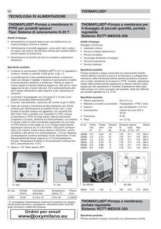 93
TECNOLOGIA DI ALIMENTAZIONE
THOMAFLUID®
THOMAFLUID®-Pompa a membrana in
PTFE per prodotti iperpuri
Tipo: Sistema di azionamento E-25 T
Ambiti d’impiego:
• Alimentazione di prodotti iperpuri per microelettronica e la
ricerca biologica, chimica e medica.
• Alimentazione di prodotti aggressivi, come acidi, basi e soluzi-
oni saline, per ricerca nell’industria chimica per impianti pilota e
piccoli impianti di produzione.
• Alimentazione di prodotti per tecnica nucleare e applicazioni
isotopiche.
Specifiche prodotto:
• Il sistema di azionamento THOMAFLUID® E-25 T è regolabile in
continuo. Ambito di velocità: 0-200 g/min. e Dp = 0.
• La portata (g/min.) viene preselezionata tramite un potenzio-
metro ed indicata in digitale. Il sistema di azionamento è adatto
al funzionamento destrorso e sinistrorso. Tramite un tasto di
marcia rapida la velocità massima doppia (ca. 400 g/min.) viene
raggiunta nel giro di pochi secondi. Ciò è particolarmente utile
per il rapido riempimento delle tubazioni e per l’apirazione di
campioni.
• La pompa è equipaggiata con una spina D a 15 poli e può
essere comandata esternamente (SPS).
Funzioni: marcia/arresto, variazione del numero di giri 0-100%.
• Testa per pompa a membrana ad alte prestazioni per utilizzo
continuo per l’alimentazione di prodotti di tutti i tipi*, in par-
ticolare di prodotti iperpuri ed aggressivi, con viscosità fino
500 mPas. Parti a contatto con il prodotto in PTFE, inclusa
la membrana in PTFE di lunga durata. Valvole bifunzionali
d’ingresso e d’uscita, identiche ed interscambiabili, con sistema
di tenuta a sfera in vetro borosilicato supportato da una molla
in PTFE Volume morto totale ca. 2 ml. Portata lineare tramite
regolazione continua tra 10 e 50 ml/min. (100 g/min corrispon-
dono a 25 ml/min), inoltre marcia veloce a 100 ml/min. (corris-
pondente a 400 g/min) con contropressione > 0,4 bar. Massima
contropressione continua ammessa 10 bar, brevemente 14 bar.
Riproducibilità del flusso migliore di 4 % (contropressione>
0,4 bar). Temperatura d’utilizzo in funzionamento continuo fino
65°C, brevemente fino 110°C
• Attacco: 1/8” filetto esterno NPT.
Nr. cat. Portata Contropres- Temperatura Prezzo
ml/min sione bar utilizzo °C Euro
41003 10-50 0.4 fino 10 0 fino 65 4.108,00
* E’ sconsigliata l’alimentazione continua di composti con alogeni,
inclusi acido perclorico, cloroetanolo, idrocarburi saturi clorurati,
acido fluoridrico e Metil-Etil-Chetone.
THOMAFLUID®-Pompa a membrana per
il dosaggio di piccole quantità, portata
regolabile
Sistema: RCT®-MEDOS-208
Ambiti d’impiego:
Dosaggio di fluidi per:
• Laboratori chimici
• Tecnica nucleare radiochimica
• Tecnica ecologica
• Tecnologia alimentare e biologica
• Tecnica di precisione
• Tecnica medicale
Specifiche prodotto:
Pompa oscillante a bassa rumorosità con azionamento tramite
motore elettrico sincrono a prova di sovraccarico e collegamento
meccanico della membrana tramite sistema eccentrico di precisi-
one a molle, membrana di sicurezza in PTFE, rivestita, regolazione
lineare della portata tramite regolazione in altezza; valvole a sfera
doppie per lato aspirazione e mandata; Disaerazione della testa
della pompa con riciclo ecologico del prodotto. Sette tipi differenti
per portate regolabili tra 0 e 14 l/h.
Specifiche tecniche:
• Altezza aspirazione: fino 6 m.c.a.
• Materiali a contatto col prodotto: Polipropilene / PTFE / Viton
• Attacchi: per tubi flessibili 4 x 6 mm
• Azionamento: motore sincrono 220 V,
50 Hz
• Protezione: IP 65
• Peso: ca. 2,2 kg
Nr. cat. Portata Portata/ Pressione Dimensioni massime Attacchi
max corsa max alt. lungh. largh.
l/h ml bar -A- mm -D- mm mm
58389 0.3 0.04 10 170 211 110 DN 4
58390 1.0 0.14 10 170 211 110 DN 4
58391 1.6 0.22 10 170 211 110 DN 4
58392 3.0 0.42 10 170 211 110 DN 4
58393 5.0 0.68 6 170 211 110 DN 4
58394 6.0 0.84 8 170 211 110 DN 4
58395 14.0 1.92 4 182 213 110 DN 8
THOMAFLUID®-Pompa a membrana;
portata regolabile
Sistema: RCT®-MEDOS-220
Specifiche prodotto:
Pompa oscillante a bassa rumorosità con azionamento tramite
41 003 41 003 58 389-95 58 389
Ordini per email
www@oxymilano.eu
 