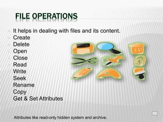  It helps in dealing with files and its content.
 Create
 Delete
 Open
 Close
 Read
 Write
 Seek
 Rename
 Copy
 Get & Set Attributes
10Attributes like read-only hidden system and archive.
 