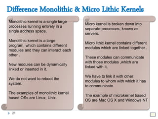 21
Monolithic kernel is a single large
processes running entirely in a
single address space.
Monolithic kernel is a large
program, which contains different
modules and they can interact each
other .
New modules can be dynamically
linked or inserted in it.
We do not want to reboot the
system.
The examples of monolithic kernel
based OSs are Linux, Unix.
Micro kernel is broken down into
separate processes, known as
servers.
Micro lithic kernel contains different
modules which are linked together .
These modules can communicate
with those modules ,which are
linked with it.
We have to link it with other
modules to whom with which it has
to communicate.
The example of microkernel based
OS are Mac OS X and Windows NT
 