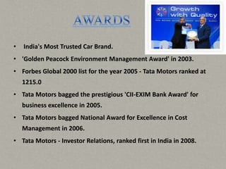 •   India's Most Trusted Car Brand.
• 'Golden Peacock Environment Management Award' in 2003.
• Forbes Global 2000 list for the year 2005 - Tata Motors ranked at
    1215.0
• Tata Motors bagged the prestigious 'CII-EXIM Bank Award' for
    business excellence in 2005.
• Tata Motors bagged National Award for Excellence in Cost
    Management in 2006.
• Tata Motors - Investor Relations, ranked first in India in 2008.
 