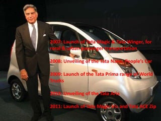 2007: Launch of Tata Magic & Tata Winger, for
rural & urban passenger transportation

2008: Unveiling of the Tata Nano, People’s Car

2009: Launch of the Tata Prima range of World
Trucks

2010: Unveiling of the Tata Aria

2011: Launch of Tata Magic Iris and Tata ACE Zip
 