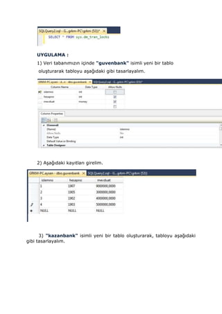 UYGULAMA :
1) Veri tabanımızın içinde "guvenbank" isimli yeni bir tablo
oluşturarak tabloyu aşağıdaki gibi tasarlayalım.
2) Aşağıdaki kayıtları girelim.
3) "kazanbank" isimli yeni bir tablo oluşturarak, tabloyu aşağıdaki
gibi tasarlayalım.
 