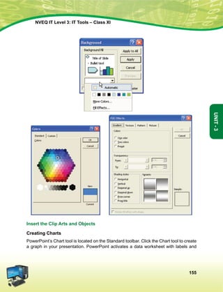 155
Unit-3
NVEQ IT Level 3: IT Tools – Class XI
  
Insert the Clip Arts and Objects
Creating Charts
PowerPoint’s Chart tool is located on the Standard toolbar. Click the Chart tool to create
a graph in your presentation. PowerPoint activates a data worksheet with labels and
 