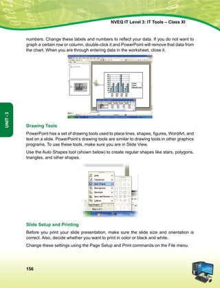 156
Unit-3
NVEQ IT Level 3: IT Tools – Class XI
numbers. Change these labels and numbers to reflect your data. If you do not want to
graph a certain row or column, double-click it and PowerPoint will remove that data from
the chart. When you are through entering data in the worksheet, close it.
Drawing Tools
PowerPoint has a set of drawing tools used to place lines, shapes, figures, WordArt, and
text on a slide. PowerPoint’s drawing tools are similar to drawing tools in other graphics
programs. To use these tools, make sure you are in Slide View.
Use the Auto Shapes tool (shown below) to create regular shapes like stars, polygons,
triangles, and other shapes.
Slide Setup and Printing
Before you print your slide presentation, make sure the slide size and orientation is
correct. Also, decide whether you want to print in color or black and white.
Change these settings using the Page Setup and Print commands on the File menu.
 