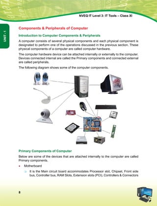 8
Unit-1
NVEQ IT Level 3: IT Tools – Class XI
Components  Peripherals of Computer
Introduction to Computer Components  Peripherals
A computer consists of several physical components and each physical component is
designated to perform one of the operations discussed in the previous section. These
physical components of a computer are called computer hardware.
The computer hardware device can be attached internally or externally to the computer.
Devices connected internal are called the Primary components and connected external
are called peripherals.
The following diagram shows some of the computer components.
Primary Components of Computer
Below are some of the devices that are attached internally to the computer are called
Primary components.
•	 Motherboard
	 It is the Main circuit board accommodates Processor slot, Chipset, Front side
bus, Controller bus, RAM Slots, Extension slots (PCI), Controllers  Connectors
 