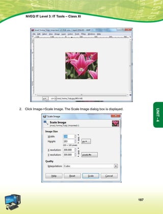 187
Unit-4
NVEQ IT Level 3: IT Tools – Class XI
2.	 Click Image-Scale Image. The Scale Image dialog box is displayed.
 