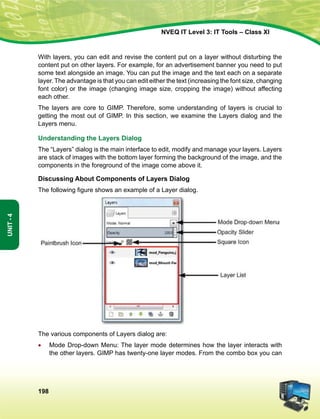 198
Unit-4
NVEQ IT Level 3: IT Tools – Class XI
With layers, you can edit and revise the content put on a layer without disturbing the
content put on other layers. For example, for an advertisement banner you need to put
some text alongside an image. You can put the image and the text each on a separate
layer. The advantage is that you can edit either the text (increasing the font size, changing
font color) or the image (changing image size, cropping the image) without affecting
each other.
The layers are core to GIMP. Therefore, some understanding of layers is crucial to
getting the most out of GIMP. In this section, we examine the Layers dialog and the
Layers menu.
Understanding the Layers Dialog
The “Layers” dialog is the main interface to edit, modify and manage your layers. Layers
are stack of images with the bottom layer forming the background of the image, and the
components in the foreground of the image come above it.
Discussing About Components of Layers Dialog
The following figure shows an example of a Layer dialog.
The various components of Layers dialog are:
•	 Mode Drop-down Menu: The layer mode determines how the layer interacts with
the other layers. GIMP has twenty-one layer modes. From the combo box you can
 