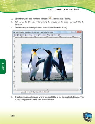 208
Unit-4
NVEQ IT Level 3: IT Tools – Class XI
2.	Select the Clone Tool from the Toolbox ( ).It looks like a stamp.
3.	Hold down the Ctrl key while clicking the mouse on the area you would like to
duplicate.
4.	After selecting the area you’d like to clone, release the Ctrl key.
5.	Drag the mouse on the area where you would like to put the duplicated image. The
cloned image will be drawn on the desired area.
 