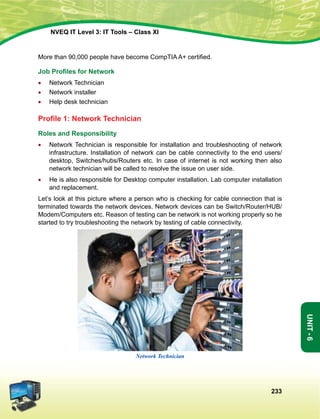 233
Unit-6
NVEQ IT Level 3: IT Tools – Class XI
More than 90,000 people have become CompTIA A+ certified.
Job Profiles for Network
•	 Network Technician
•	 Network installer
•	Help desk technician
Profile 1: Network Technician
Roles and Responsibility
•	 Network Technician is responsible for installation and troubleshooting of network
infrastructure. Installation of network can be cable connectivity to the end users/
desktop, Switches/hubs/Routers etc. In case of internet is not working then also
network technician will be called to resolve the issue on user side.
•	He is also responsible for Desktop computer installation. Lab computer installation
and replacement.
Let’s look at this picture where a person who is checking for cable connection that is
terminated towards the network devices. Network devices can be Switch/Router/HUB/
Modem/Computers etc. Reason of testing can be network is not working properly so he
started to try troubleshooting the network by testing of cable connectivity.
Network Technician
 
