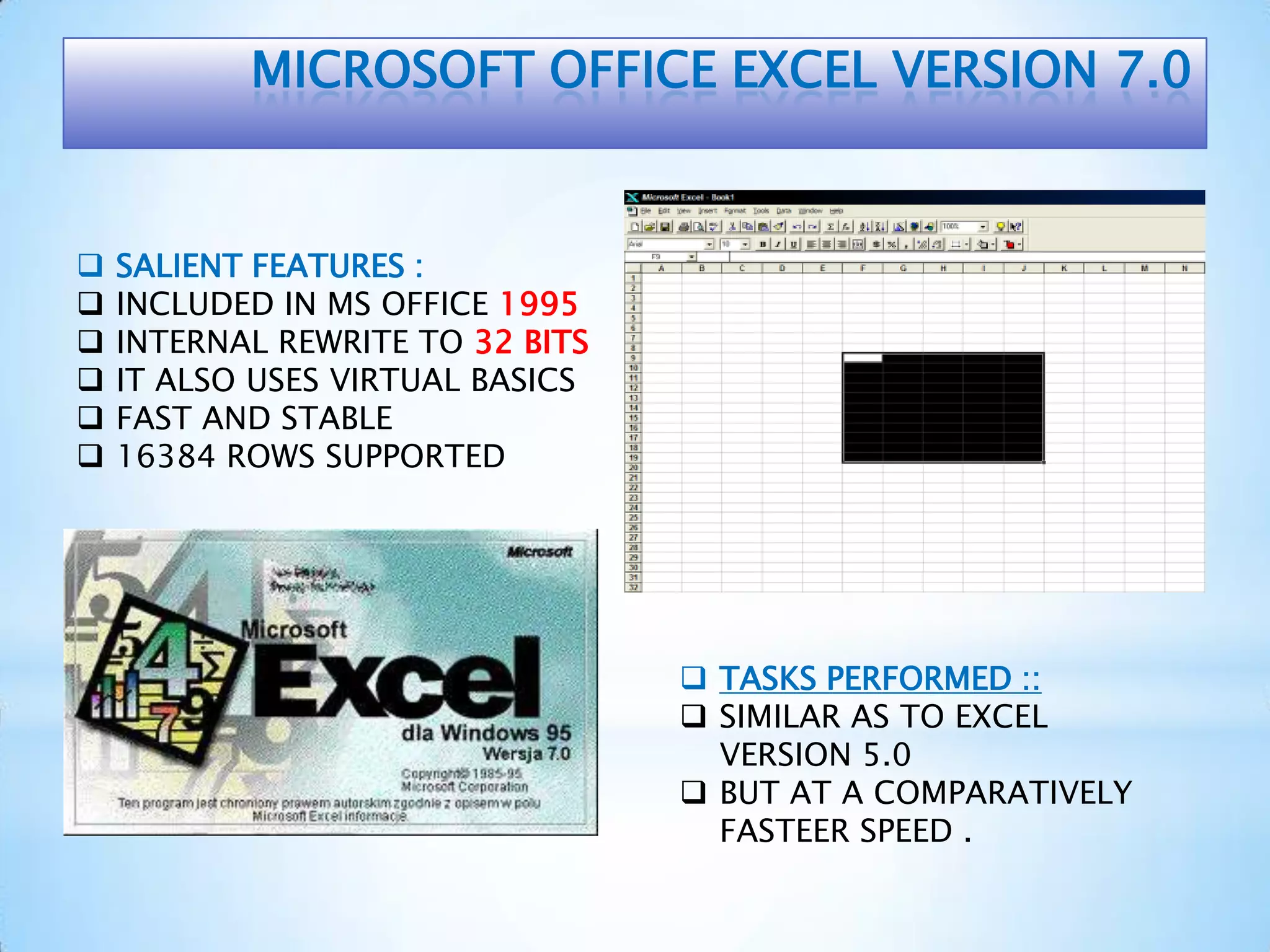 MICROSOFT OFFICE EXCEL VERSION 7.0
 SALIENT FEATURES :
 INCLUDED IN MS OFFICE 1995
 INTERNAL REWRITE TO 32 BITS
 IT ALSO USES VIRTUAL BASICS
 FAST AND STABLE
 16384 ROWS SUPPORTED
 TASKS PERFORMED ::
 SIMILAR AS TO EXCEL
VERSION 5.0
 BUT AT A COMPARATIVELY
FASTEER SPEED .
 