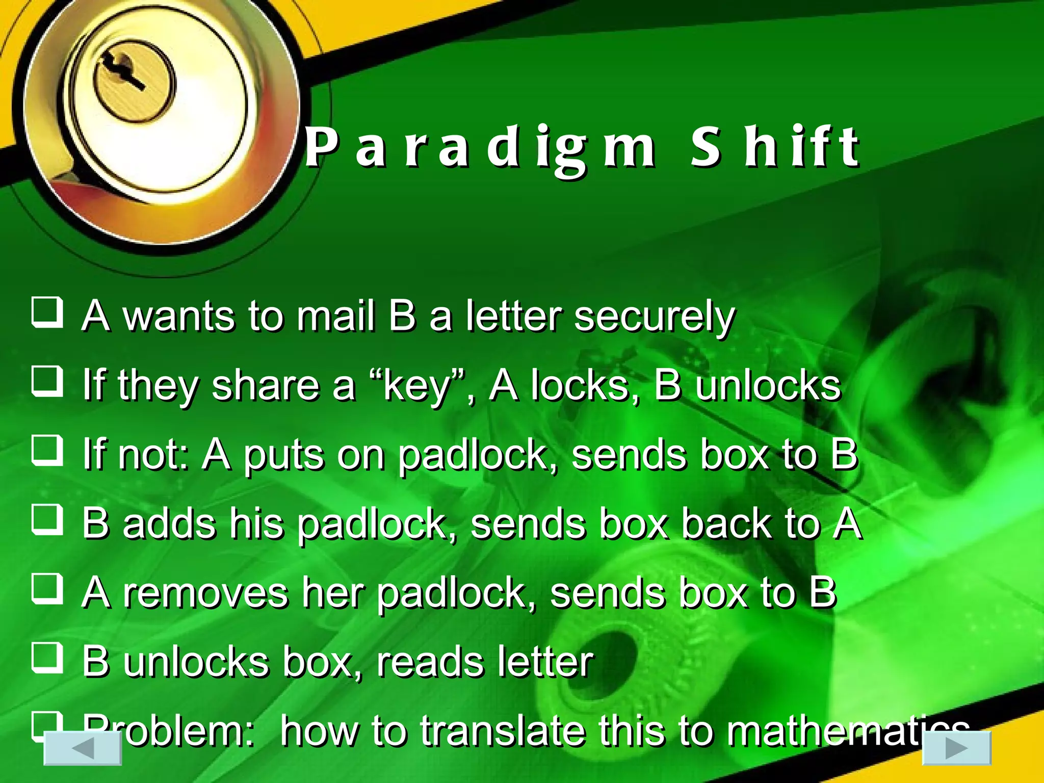 Paradigm Shift A wants to mail B a letter securely If they share a “key”, A locks, B unlocks If not: A puts on padlock, sends box to B B adds his padlock, sends box back to A A removes her padlock, sends box to B B unlocks box, reads letter Problem:  how to translate this to mathematics 