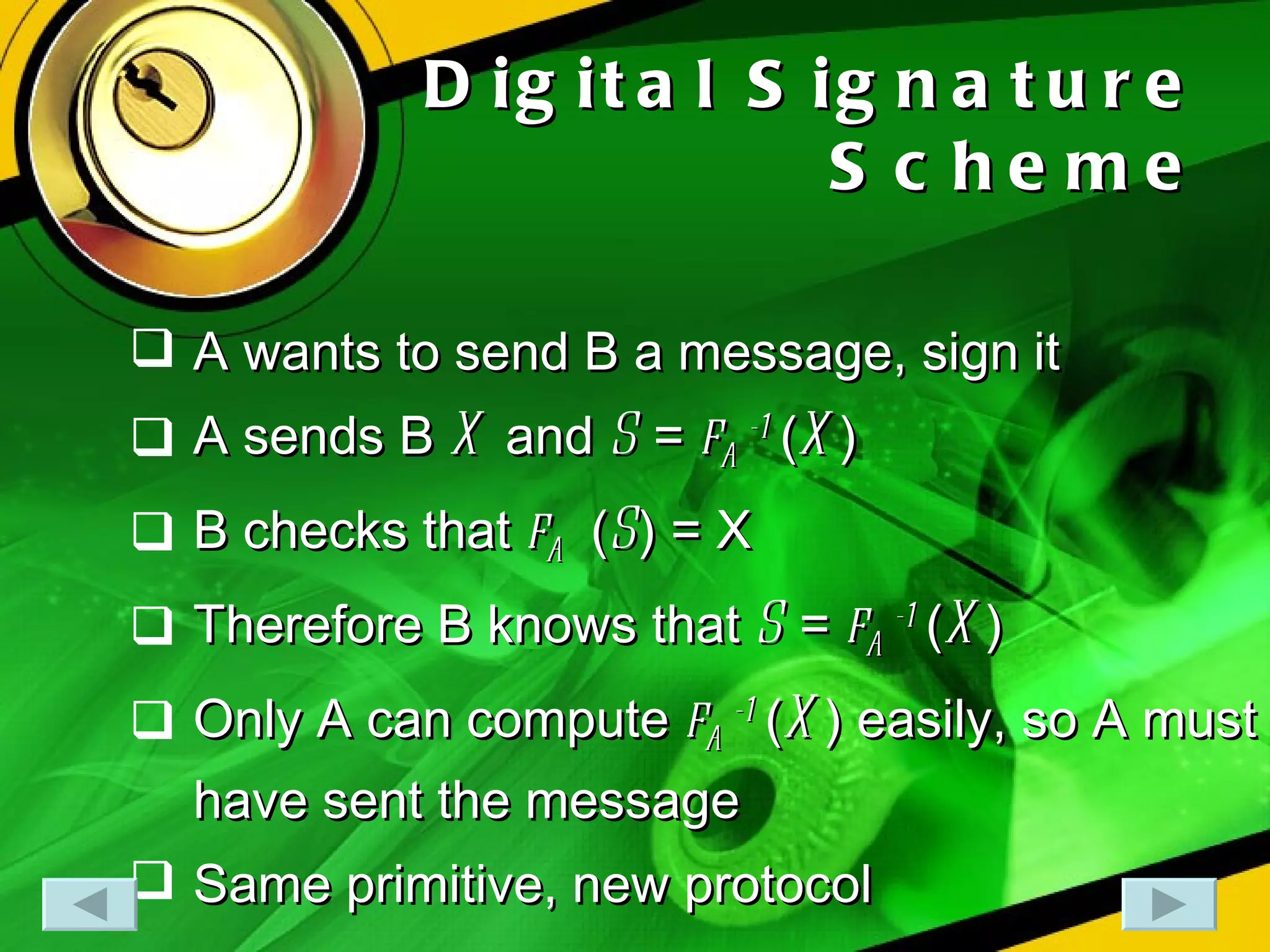 Digital Signature Scheme A wants to send B a message, sign it A sends B  X  and  S  =  f A -1  ( X ) B checks that  f A  ( S ) = X Therefore B knows that  S  =  f A -1  ( X ) Only A can compute  f A -1  ( X ) easily, so A must have sent the message Same primitive, new protocol 