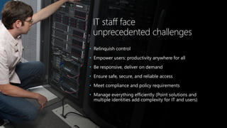 IT staff face
unprecedented challenges
• Relinquish control
• Empower users: productivity anywhere for all
• Be responsive, deliver on demand
• Ensure safe, secure, and reliable access
• Meet compliance and policy requirements
• Manage everything efficiently (Point solutions and
multiple identities add complexity for IT and users)
 