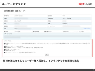 13
ユーザーヒアリング
資料請求履歴 画面イメージ
弊社が第三者としてユーザー様へ電話し、ヒアリングできた項目を追加
 