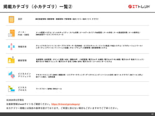 17
掲載カテゴリ（小カテゴリ）一覧②
固定資産管理 / 債務管理・債権管理 / 予算管理 / 会計ソフト / 会計ソフト クラウド
※2020年2月現在
※最新情報はwebサイトをご確認ください。https://it-trend.jp/category/
※カテゴリー掲載には独自の基準を設けております。ご希望に添えない場合もございますのでご了承ください。
会計
メール・
FAX・SMS
情報共有
顧客管理
ビジネスイン
テリジェンス
ビジネス
プロセス
メール配信システム / メールセキュリティ / スパム対策 / メールアーカイブ / FAX配信 / メール共有 / メール誤送信対策 / メール暗号化 /
SMS送信サービス / クラウドメール
ナレッジマネジメント / エンタープライズサーチ / 社内SNS・ビジネスチャット / ファイル転送 / FAQシステム / コラボレーションツール /
レポーティングツール / ペーパーレス会議 / グループウェア / 文書管理 / 契約書管理システム
名刺管理 / 会員管理・ポイント管理 / VOC（顧客の声） / 与信管理 / 電子カルテ 大病院 / 電子カルテ 中小病院 / 電子カルテ 有床クリニック /
電子カルテ 無床クリニック / 電子カルテ 在宅 / CRM / SFA / 電子カルテ / コールセンターシステム
テキストマイニング / DWH / 商圏分析・エリアマーケティング / データマイニング / ソーシャル分析 / BIツール クラウド / BIツール / ETL /
BIツール導入・活用支援
ワークフロー / BPM / RPAツール
 