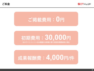 25
ご掲載費用：0円
成果報酬費：4,000円/件
初期費用：30,000円
※ホワイトペーパーのみ掲載のお客様に限り初回利用開始時に発生
ご料金
 