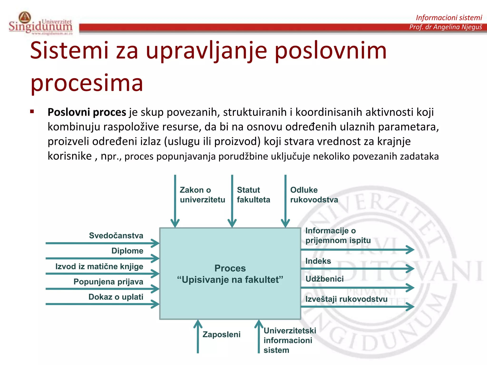 Informacioni sistemi
Prof. dr Angelina Njeguš
Sistemi za upravljanje poslovnim
procesima
 Poslovni proces je skup povezanih, struktuiranih i koordinisanih aktivnosti koji
kombinuju raspoložive resurse, da bi na osnovu određenih ulaznih parametara,
proizveli određeni izlaz (uslugu ili proizvod) koji stvara vrednost za krajnje
korisnike , npr., proces popunjavanja porudžbine uključuje nekoliko povezanih zadataka
Proces
“Upisivanje na fakultet”
Svedočanstva
Izvod iz matične knjige
Popunjena prijava
Dokaz o uplati
Diplome
Informacije o
prijemnom ispitu
Izveštaji rukovodstvu
Indeks
Udžbenici
Zakon o
univerzitetu
Statut
fakulteta
Odluke
rukovodstva
Zaposleni Univerzitetski
informacioni
sistem
 