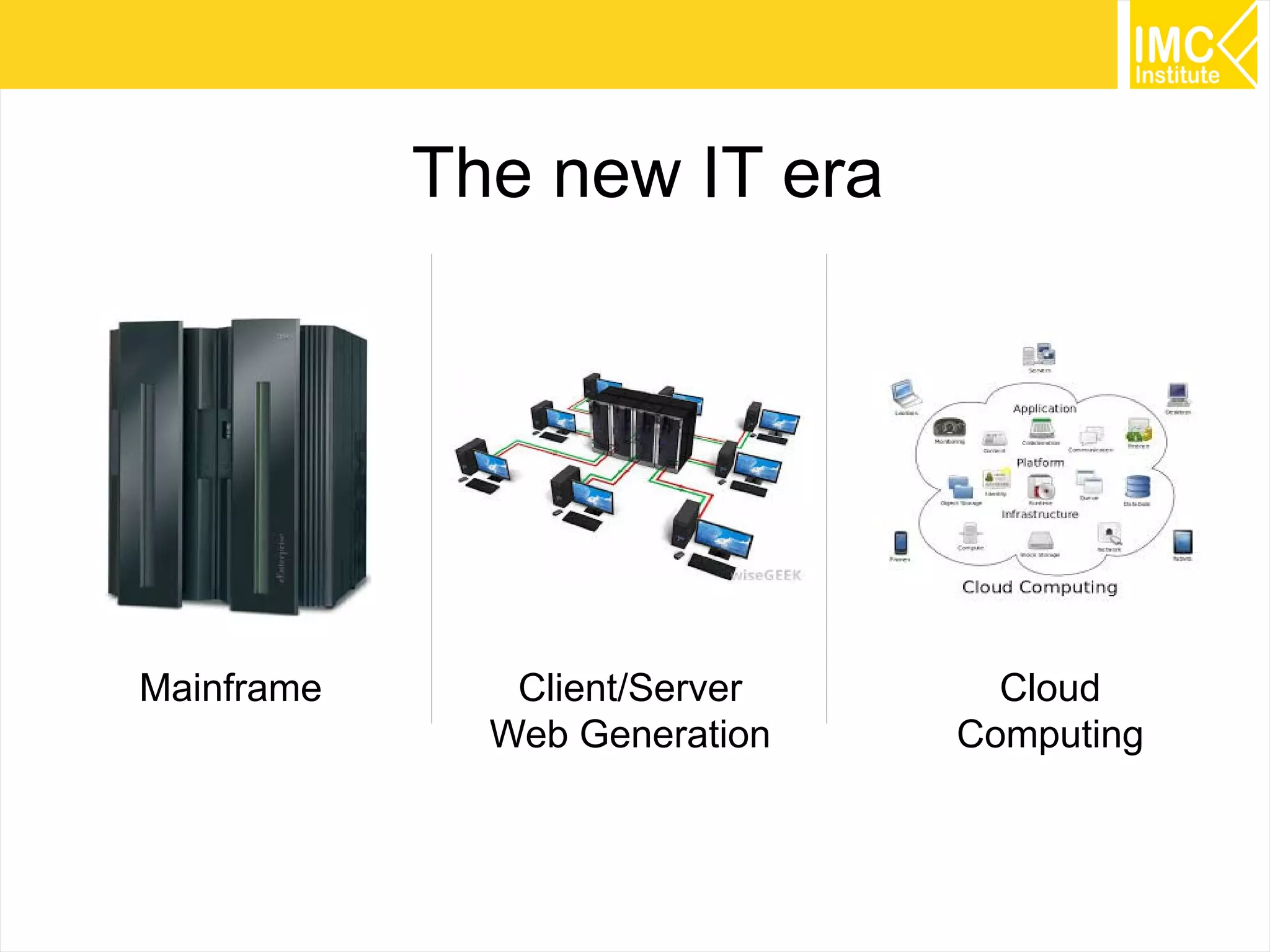 The new IT era

Mainframe

Client/Server
Web Generation

Cloud
Computing

28

 