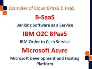 Examples of Cloud BPaaS & PaaS
B-SaaS
Banking Software as a Service
IBM O2C BPaaS
IBM Order to Cash Service
Microsoft Azure
Microsoft Development and Hosting
Platform
 