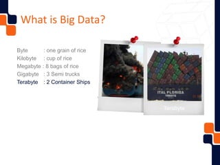Terabyte
Byte : one grain of rice
Kilobyte : cup of rice
Megabyte : 8 bags of rice
Gigabyte : 3 Semi trucks
Terabyte : 2 Container Ships
What is Big Data?
 
